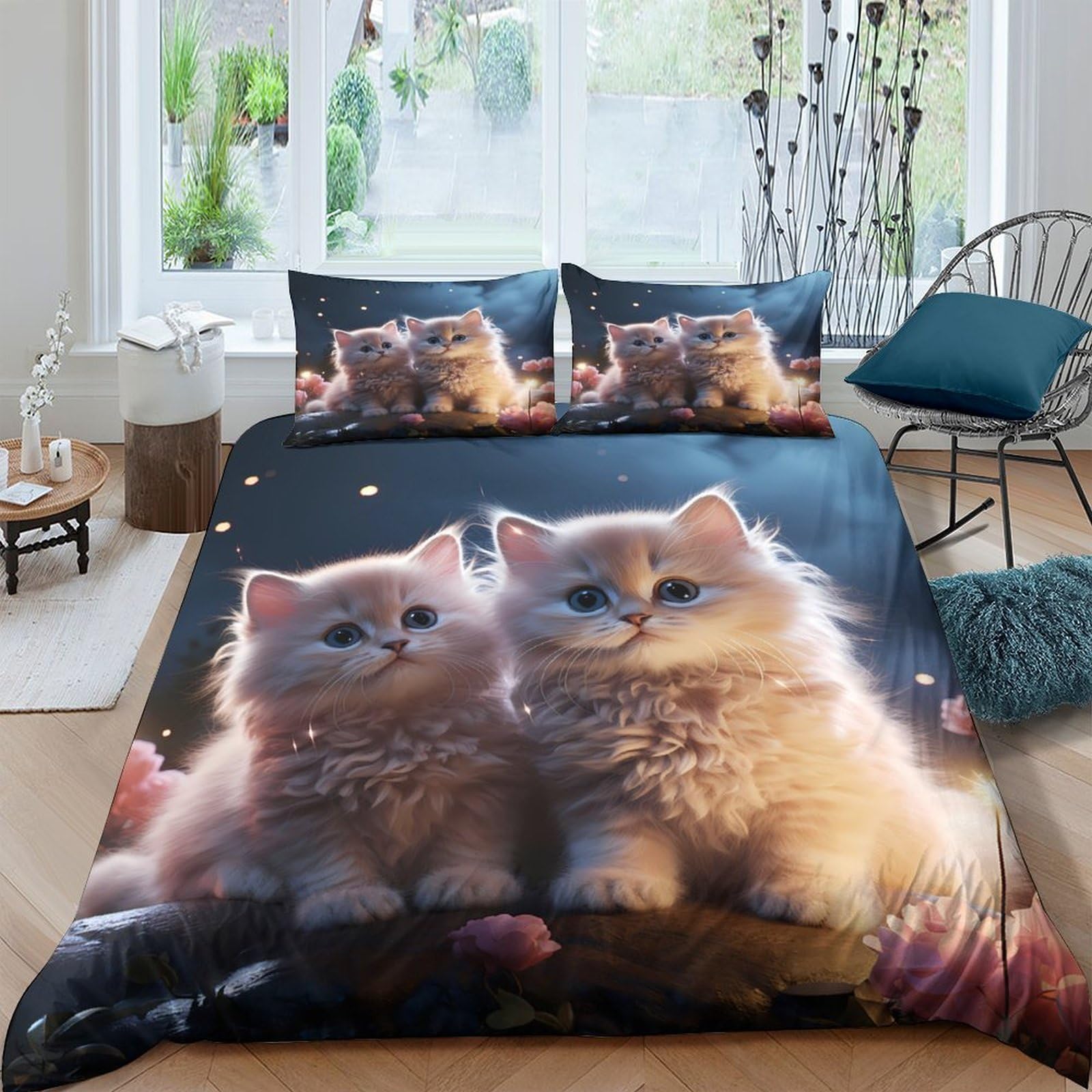 GPLZQXKJNH 3D Printed Fluffy Cat Duvet Cover Microfiber Soft Breathable Kitten Bedding Set with 2 Pillowcases for Bedroom Decor Single（135x200cm）
