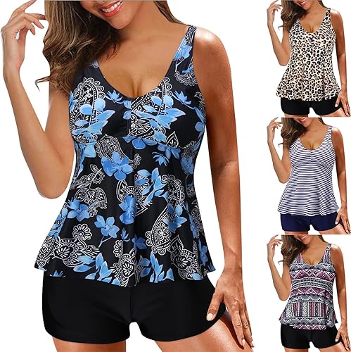 Miniatura 1 de Angxiwan Trajes de baño tankini para mujer, cuello en V, camiseta sin mangas con pantalones cortos, modesto blusa de dos piezas tankini