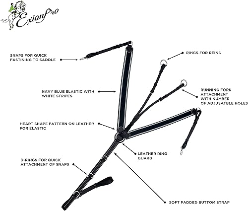 Miniatura 3 de Exion - Pectoral de caballo acolchado elástico de 3 puntos con accesorio para correr, elástico azul marino con líneas blancas  marrón, negro  Peto