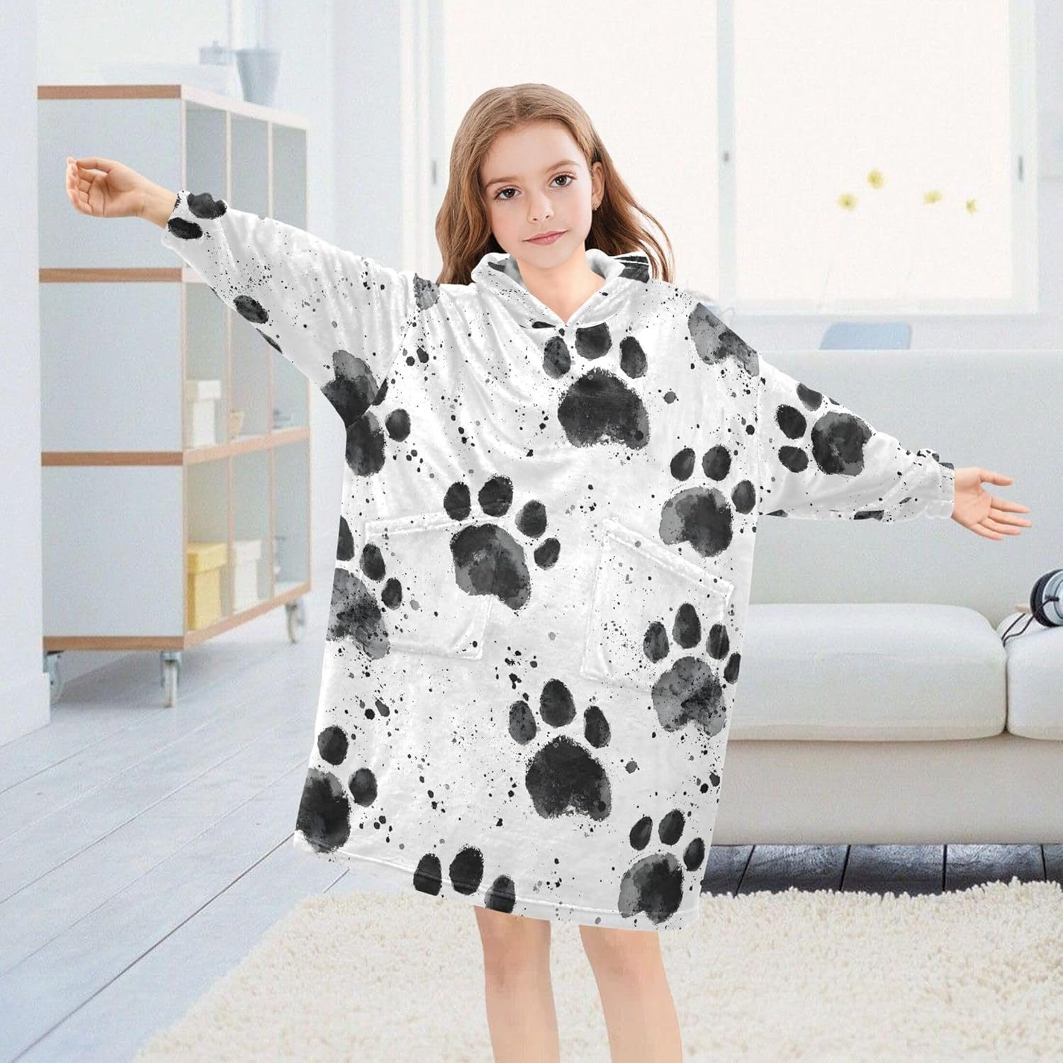 Cat Dog Puppy Pug Paw Print Kids Wearable Blanket Hoodie and Sleeves for Toddlers, Cute Hoodies Girls B0403651