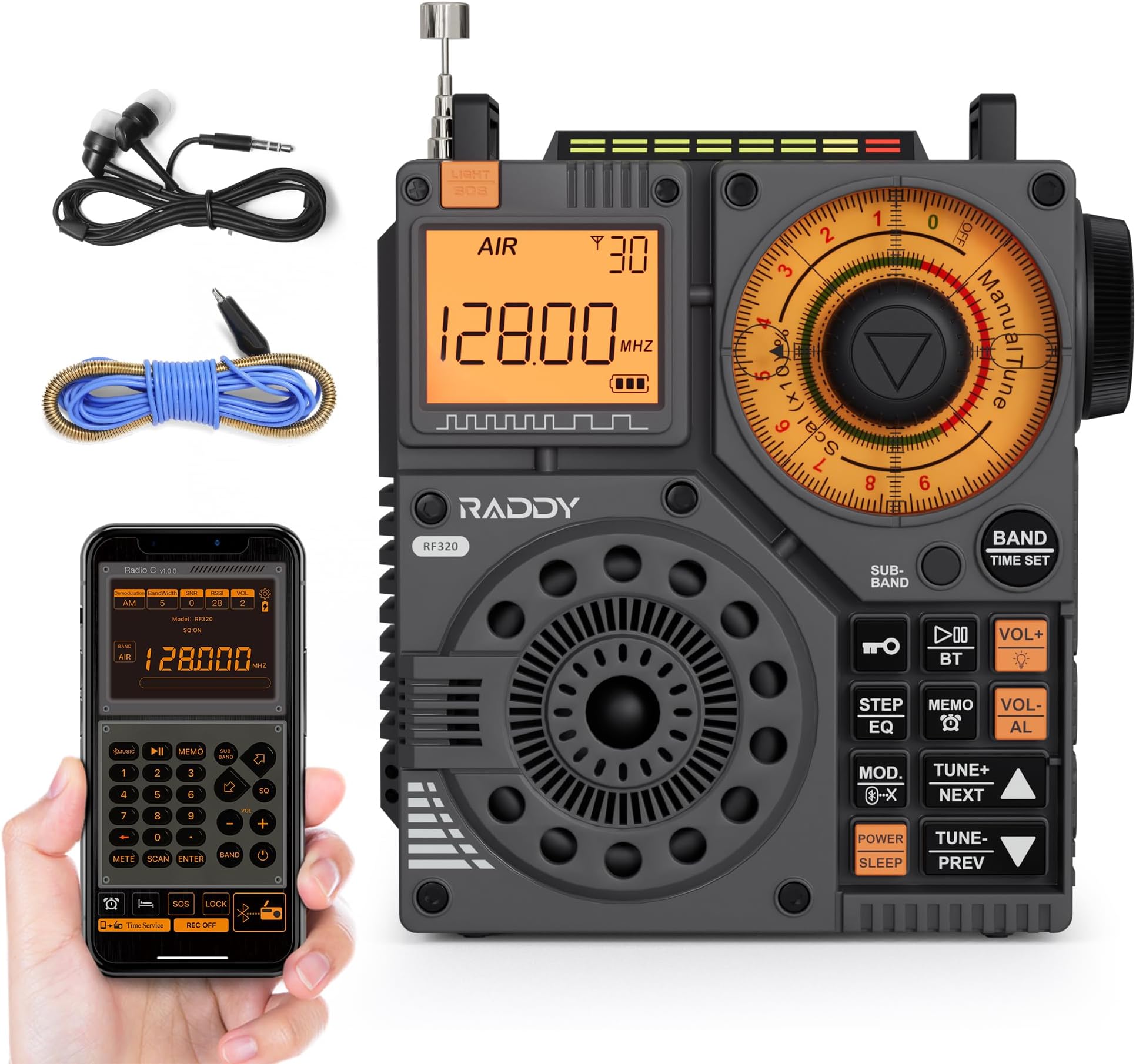 RF320 APP Control Shortwave Radio, AIR/FM/VHF/SWReceiver with Bluetooth, Portable Radio Rechargeable with 9.85 Ft Wire Antenna