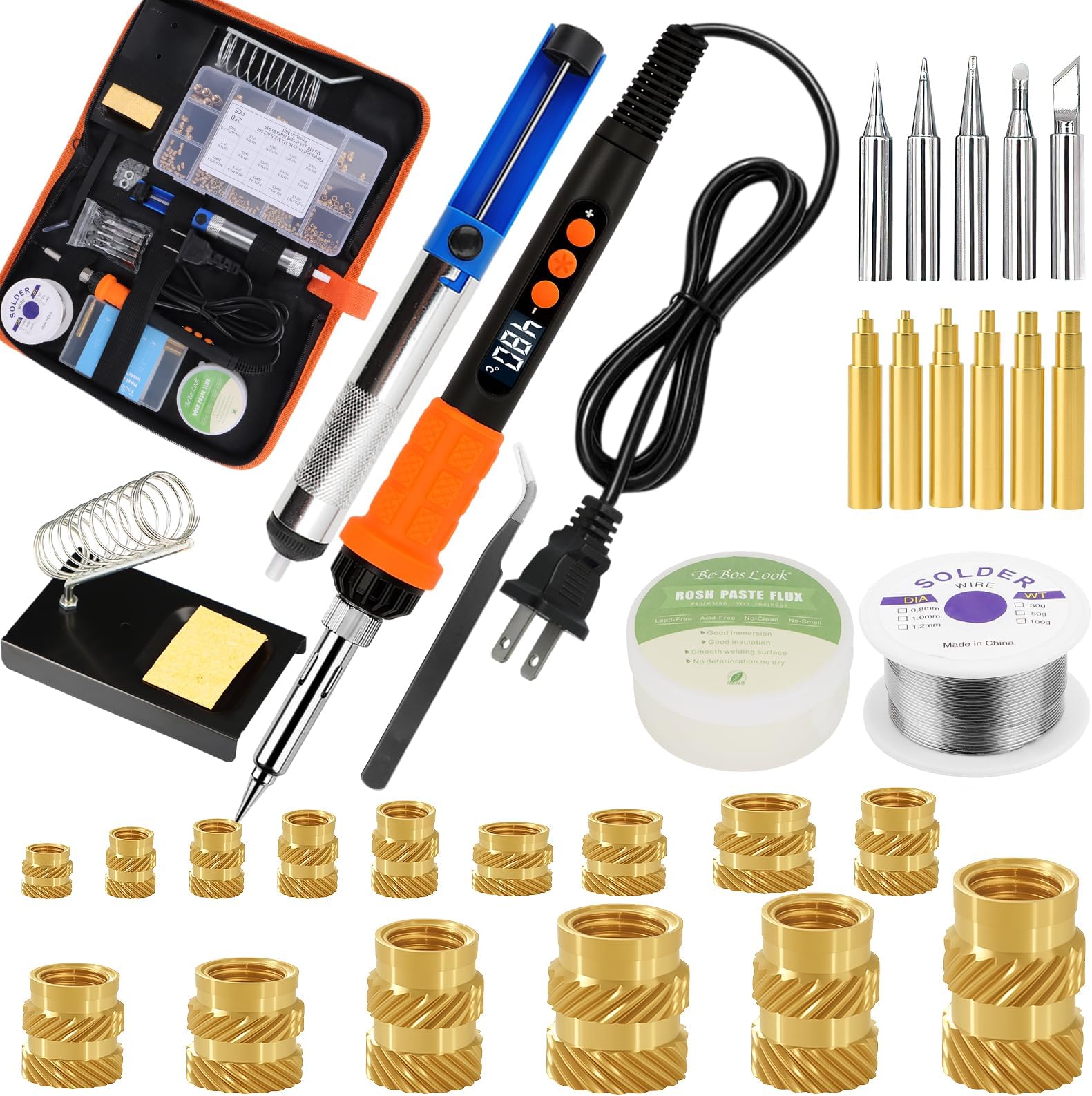 90W Soldering Iron Heat Set Insert Tool, LED Digital Solder Iron Adjustable Temperature(180°C-480°C) with 250Pcs Threaded Inserts Brass Nuts,Soldering Iron Tips,Heat Set Insert Tips,Desoldering Pump