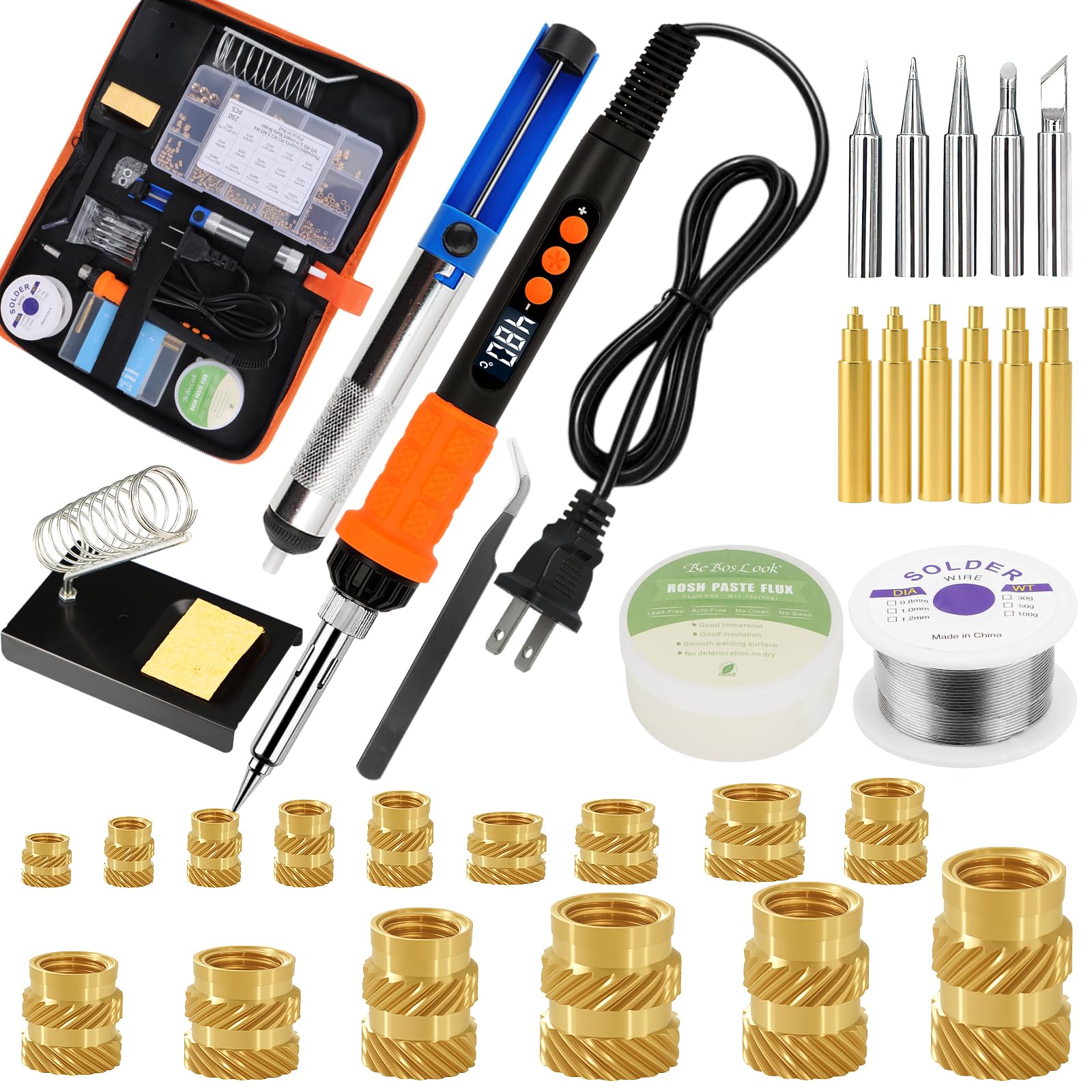 90W Soldering Iron Heat Set Insert Tool, LED Digital Solder Iron Adjustable Temperature(180°C-480°C) with 250Pcs Threaded Inserts Brass Nuts,Soldering Iron Tips,Heat Set Insert Tips,Desoldering Pump