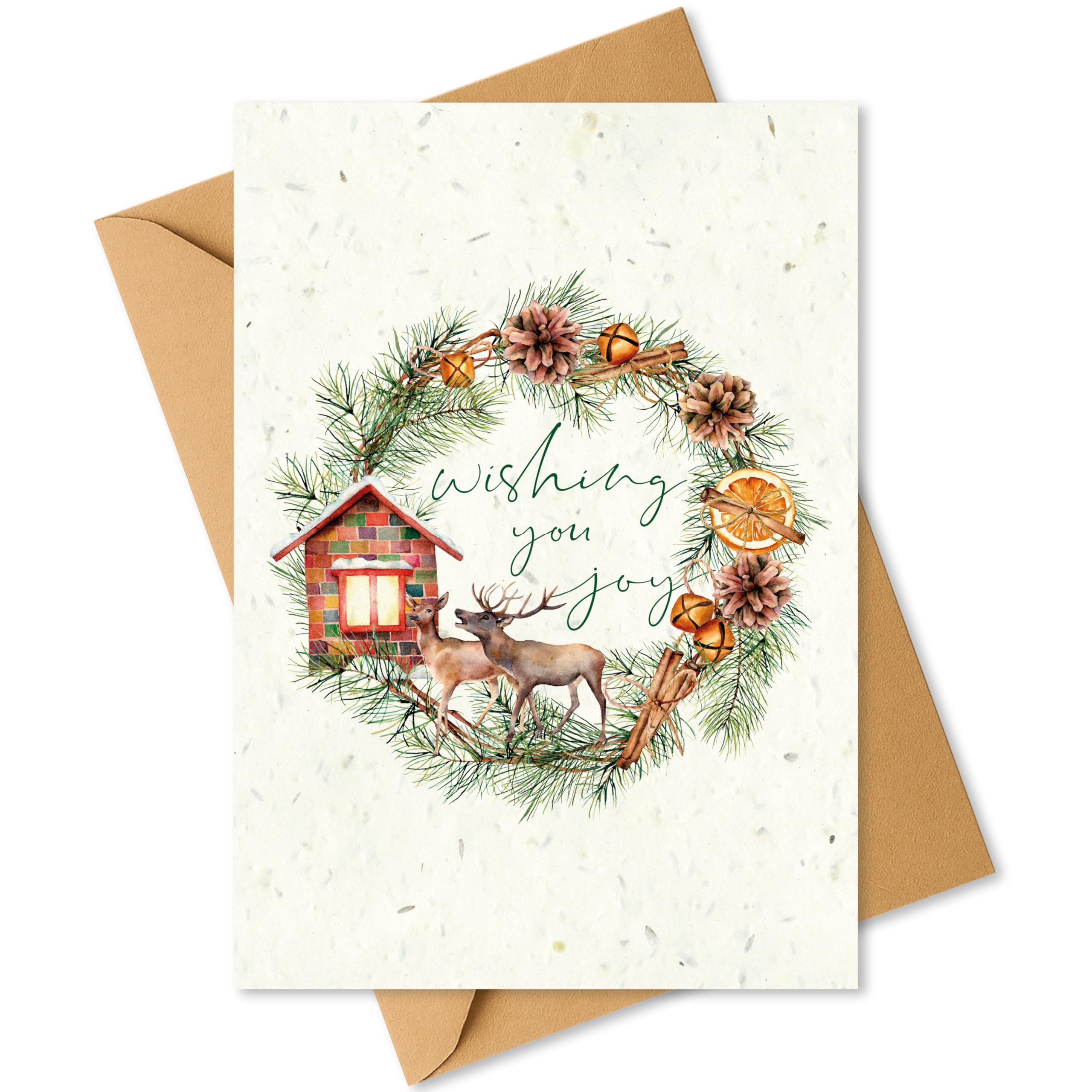 Plantable Christmas Card with Traditional Deer and Cabin Design – Eco Friendly Biodegradable Seed Paper Greeting Card, Zero Waste Christmas Card for Friends & Family (1 Card and Envelope)