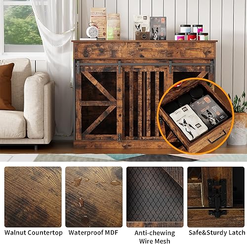 Miniatura 5 de Caja grande para perros de 48 pulgadas con 3 cajones de almacenamiento, perrera de madera con divisor removible, mesa auxiliar de perrera con Marrón