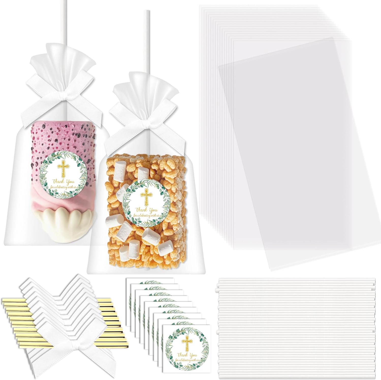 H1vojoxo Clear Rice Treat Bags – 100 Sets Clear Rice Krispie Treat Bags Kit with Ribbon Bow Thank You Stickers Sticks Flat Cellophane Candy Bag for Easter First Communion Baptism Favors Christian Gift