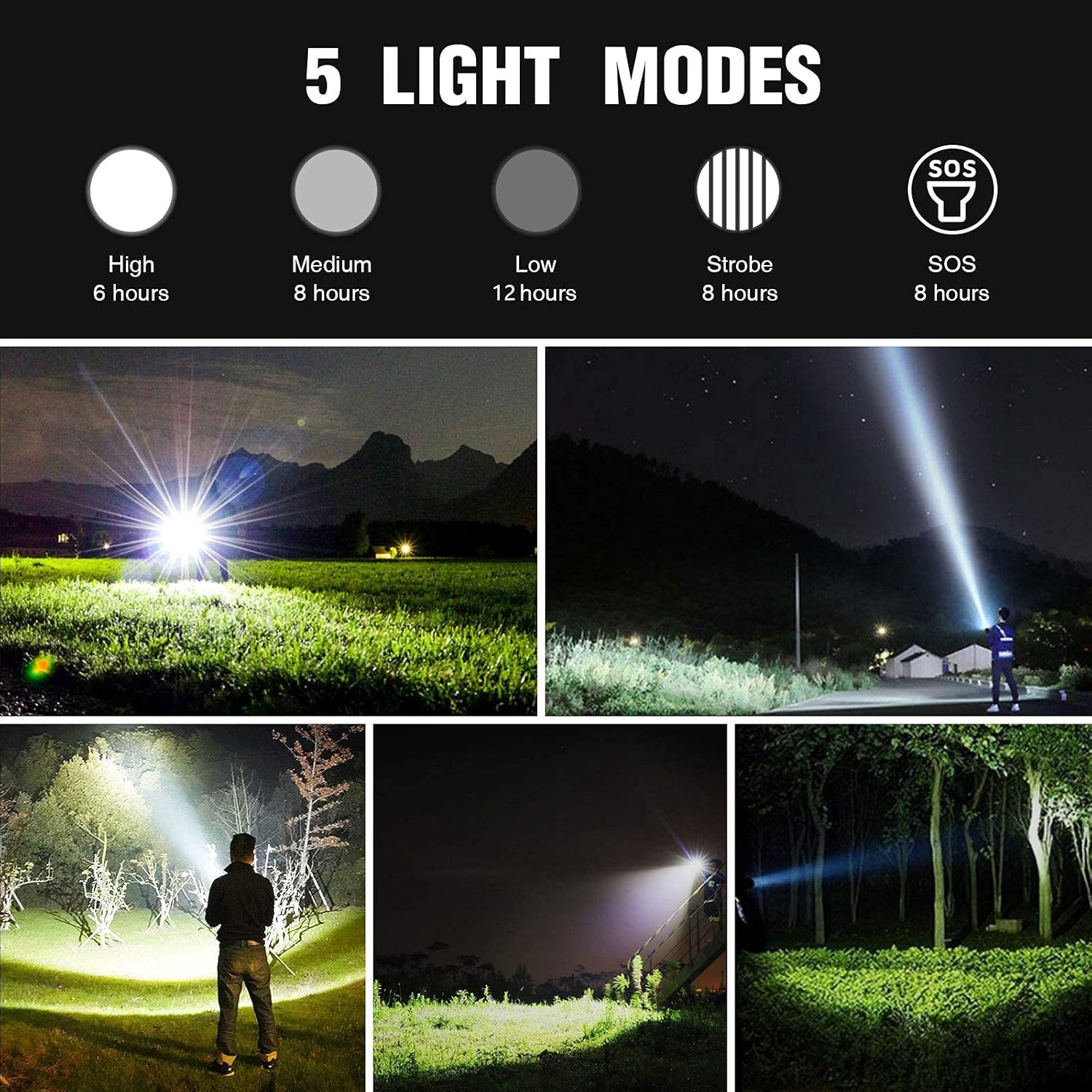 90000 Lumens Rechargeable LED Flashlight, 5 Modes Adjustable Focus High Lumens Tactical Flashlights with 5000mAh 26650 Rechargeable battery - - 