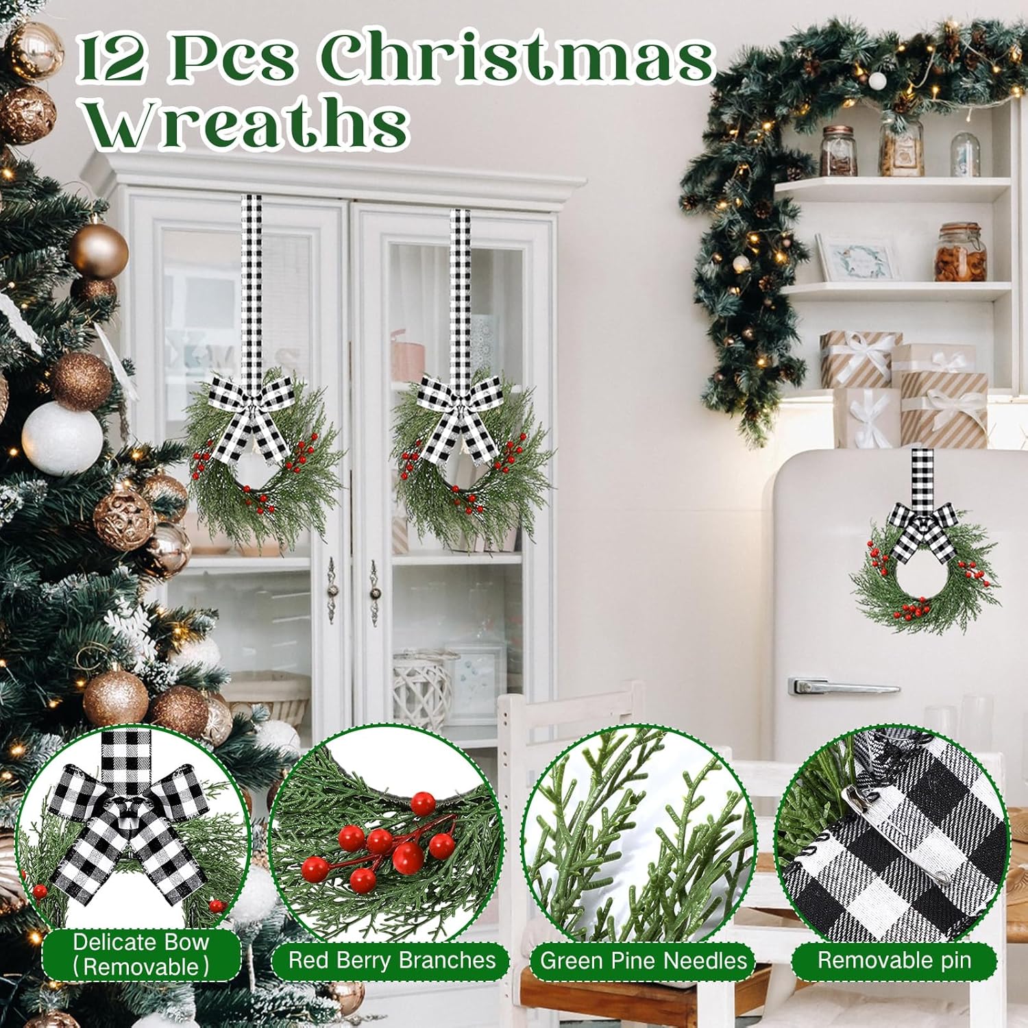 12 Pcs 9'' Small Christmas Kitchen Cabinet Wreaths with Plaid Bow Ribbon Mini Hanging Christmas Wreath Artificial Greenery Wreath for Front Door Porch Wall Window(Black White Buffalo Plaid)