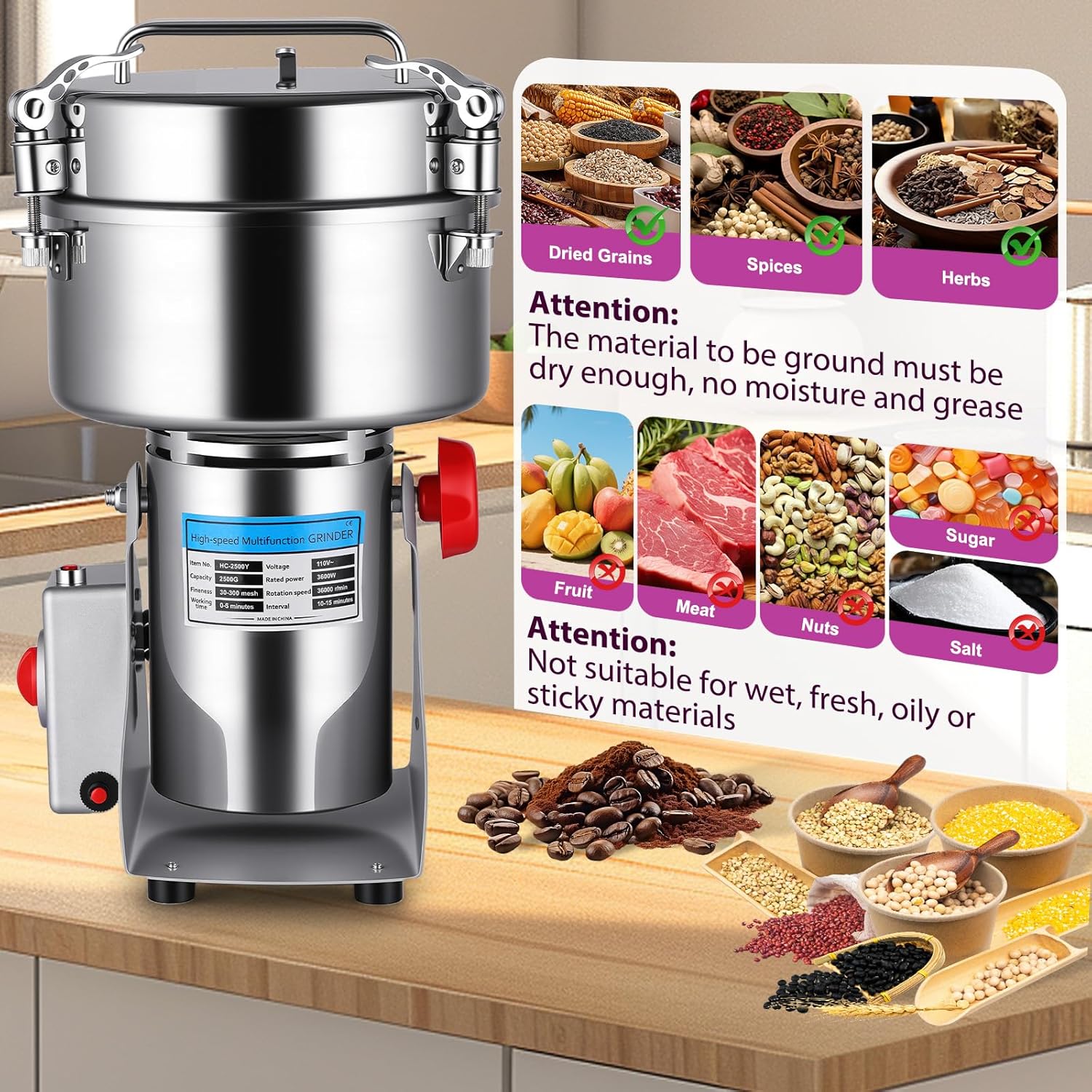 Grain Mill - 2500g High-Capacity Stainless Steel Grain Mill for Flour with 270° Swing for Easy Operation, Perfect for Kitchen and Coffee Shop to Grind Grains and Corn Efficiently