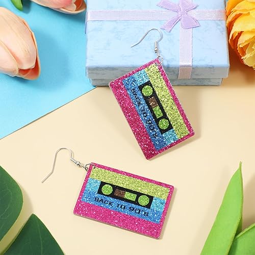 Miniatura 7 de Neon Earrings 80s 90s Earrings for Women Retro Acrylic Cassette Tape Style Radio Drop Earring Neon Jewelry for 80s90s Halloween Cosplay Glow Party