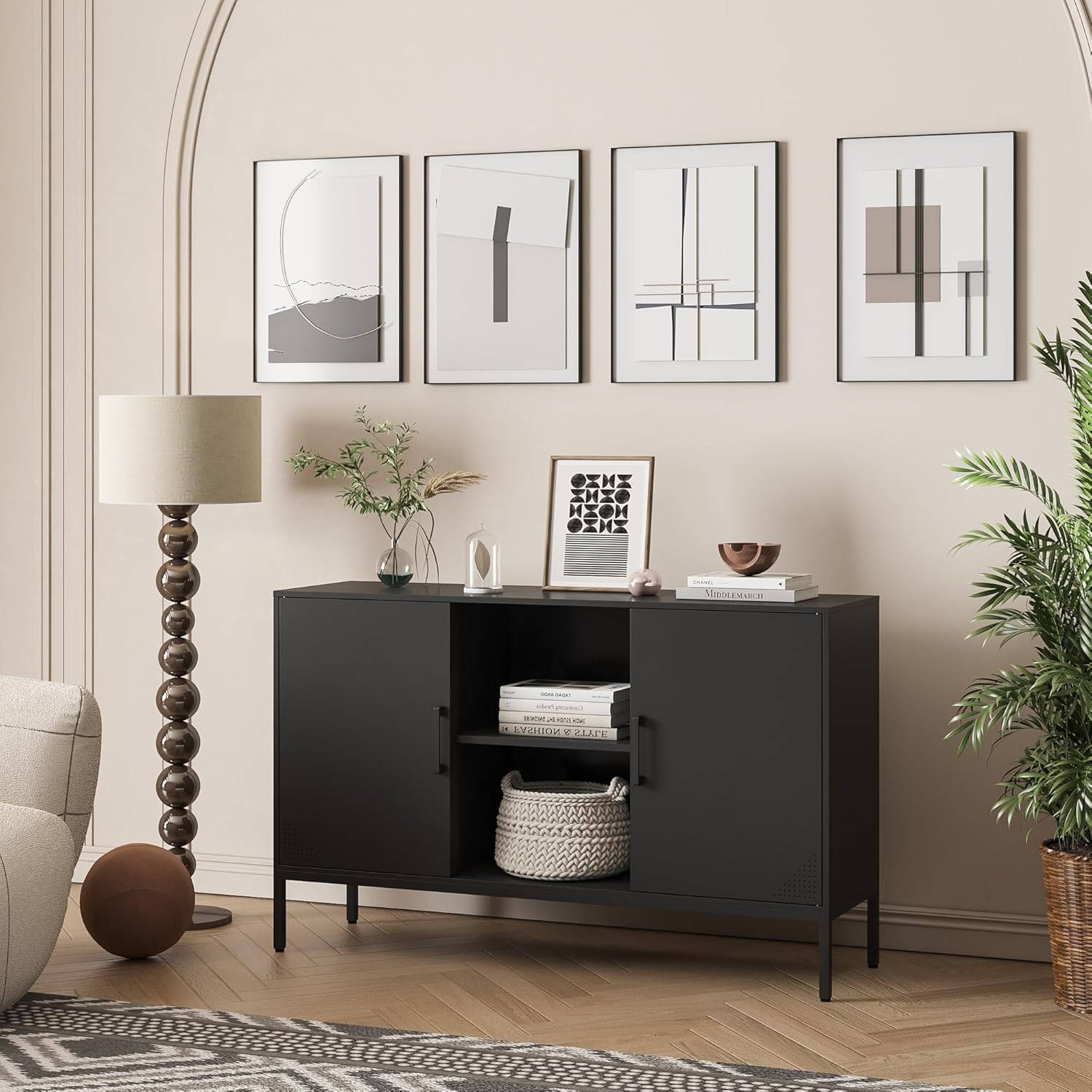 Steehoom Metal Black TV Stand with Storage,Storage Cabinet Coffee Bar Buffet Cabinet Kitchen Sideboard with Adjustable Shelves for Living Room Bedroom