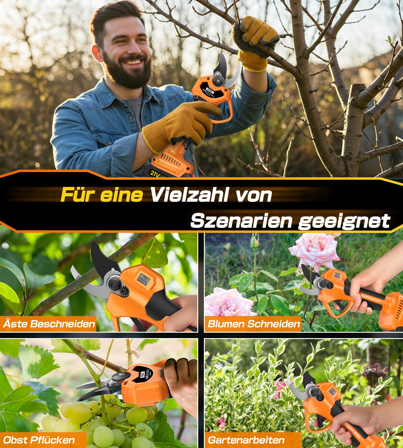 Akku Astschere,35 mm Elektrische Gartenschere für Makita mit LCD-Display&SK7 Klingen,1000W Bürstenloser Motor,Akku Gartenschere mit 2000 mAh * 2 Wiederaufladbaren Batterien für Gartenbaumscherenzweige