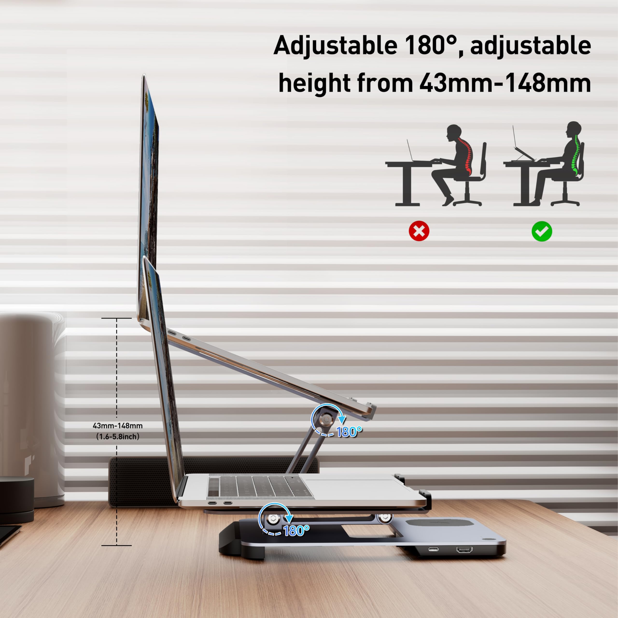 BENFEI Support Ordinateur Portable avec Docking Station USB C 6in1, Chargeur Magsafe 15W sans Fil, commutateur KVM USB 3.0, HDMI 4K@60Hz, 4*USB3.0, 100W PD Compatible avec MacBook Pro/Air