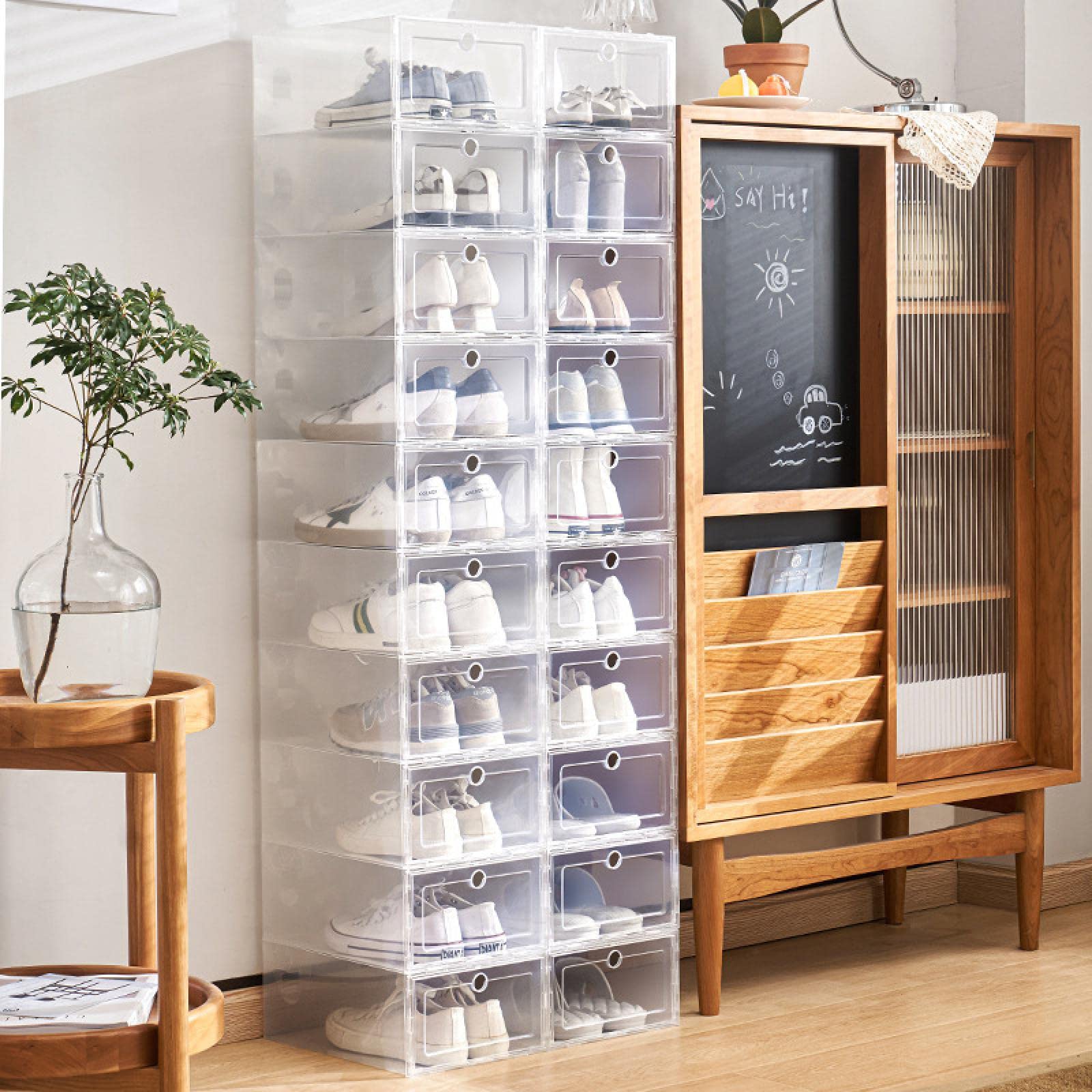 OWKAY Scatola per scarpe in plastica trasparente Cassetto per la casa Scatola per scarpe per uomo e donna Dormitorio Scarpiera Scarpiera Display per scarpe 33x24x14CM 4 pezzi