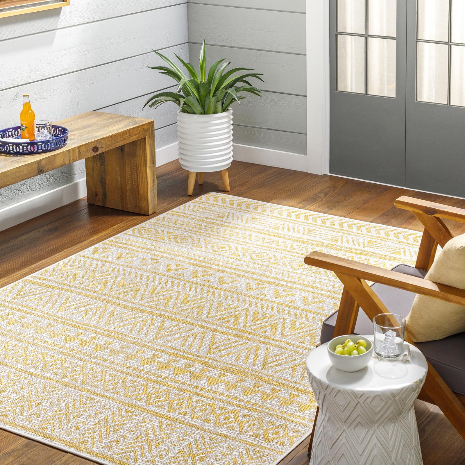 LIVABLISS Diksha Alora Geometric Indoor Outdoor Rug – Boho Patterned Rug for Garden, Patio & Decking, 130x180 cm, UV & Stain Resistant, Mustard and Ivory