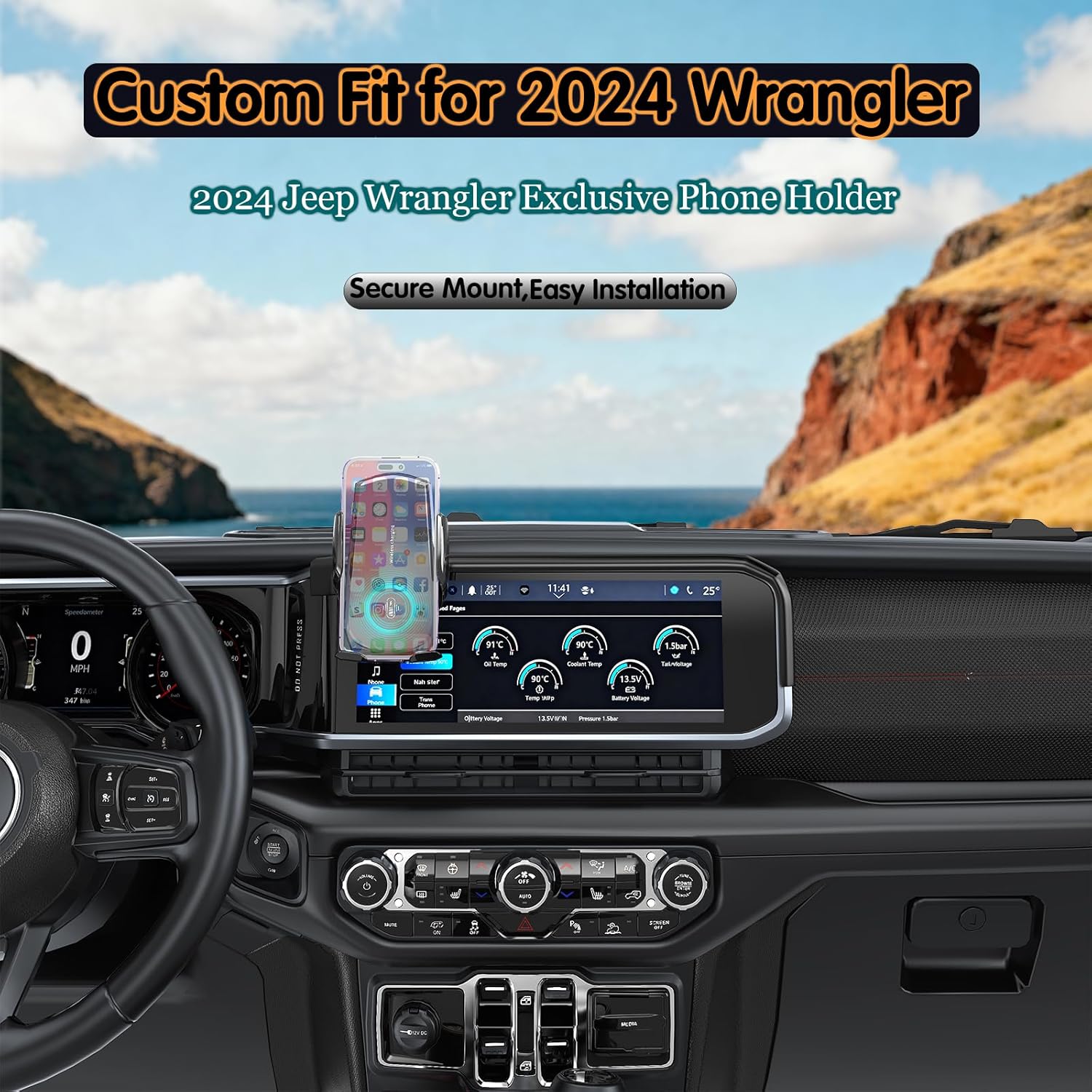 Car Phone Mount for Wrangler 2024-2025 & Gladiator JT 2024-2025, 15W Fast Charging Auto-Clamping Jeep Phone Holder, 360° Adjustable Fit 12.3" Screen, Phone Holder for Jeep Wrangler Car Accessories
