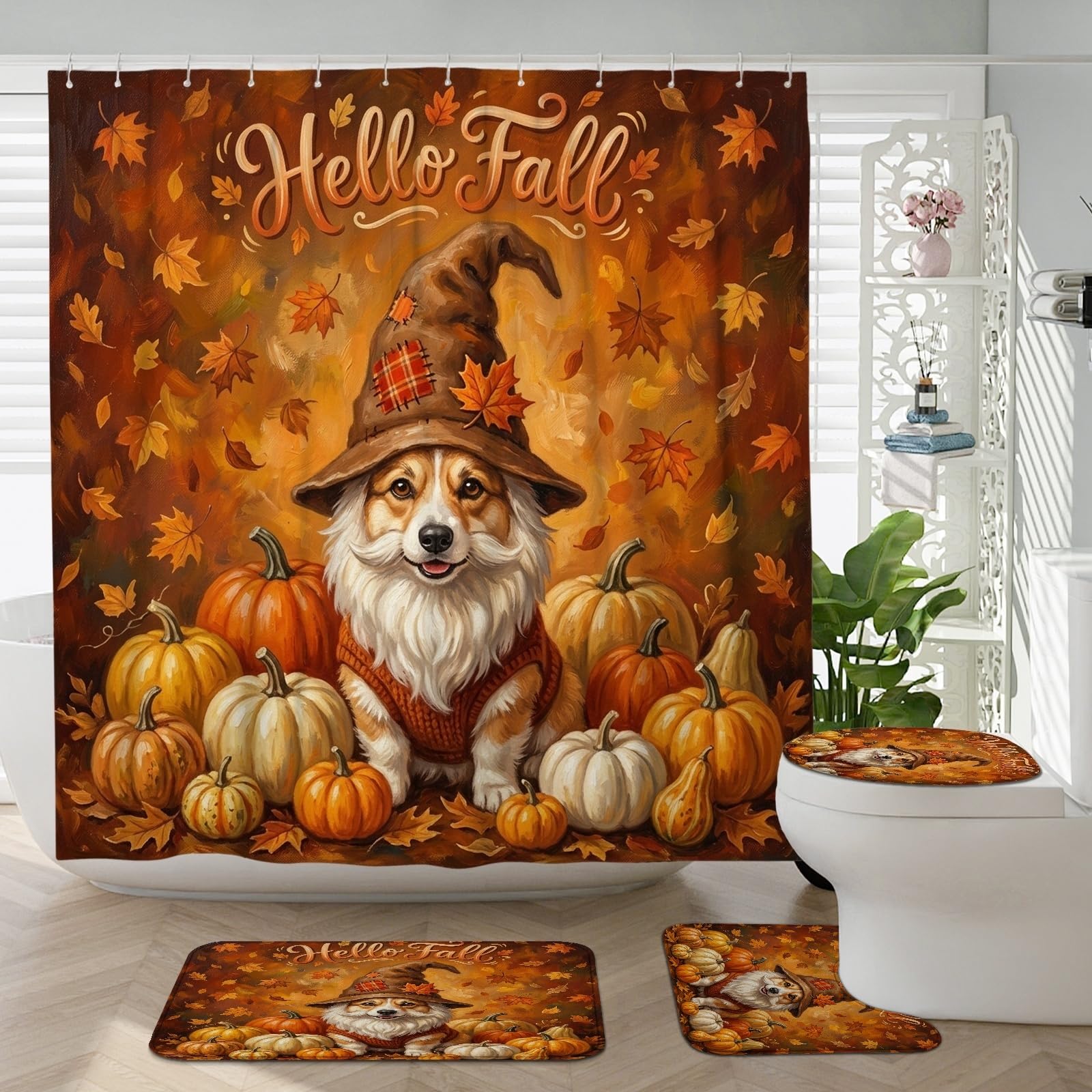Rideau de douche Corgi d'automne et tapis assortis pour décorer votre salle de bain en saison
