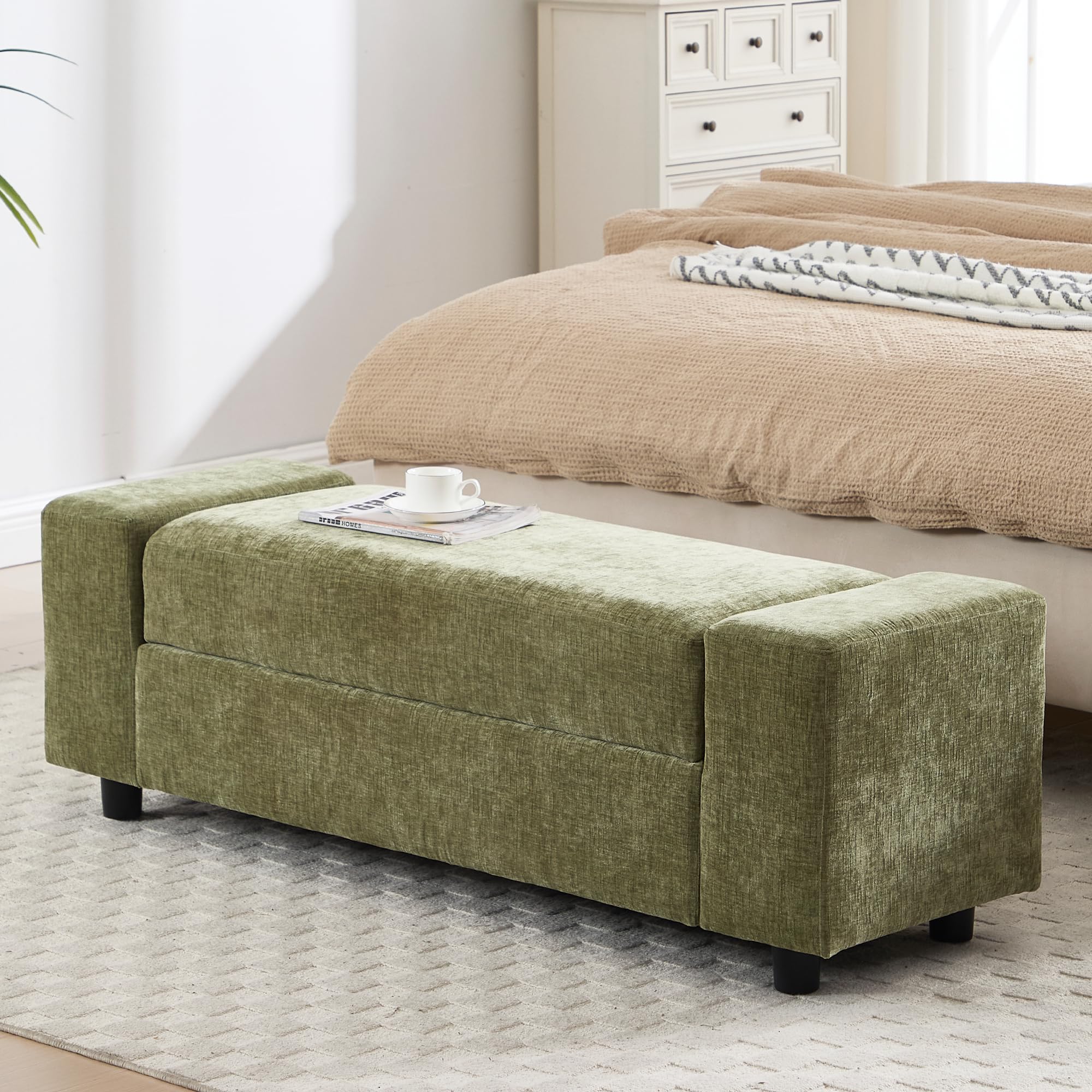 DM Furniture Modern Storange Bench Ottoman for Living Room, 55 Inch Oversized Bedroom Bench for End of Bed, Comfy Chenille Upholstered Window Seating