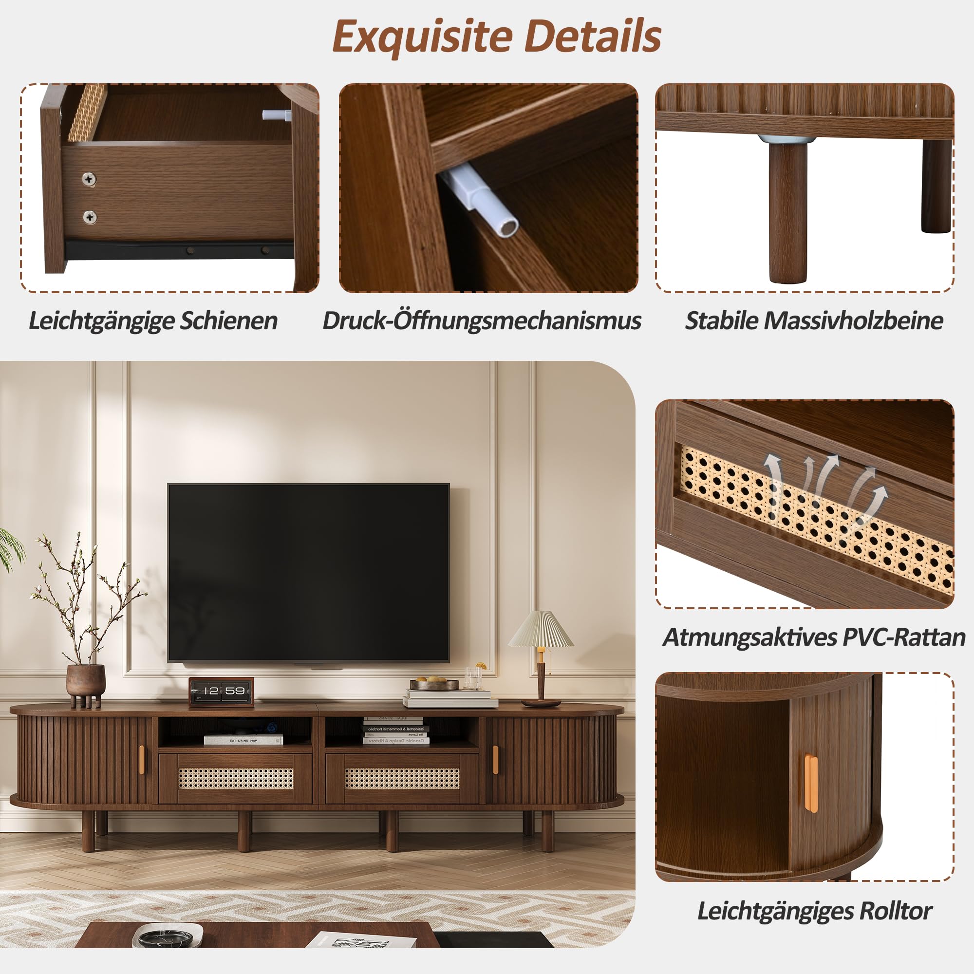 ModernLuxe Mobile TV Ovale e Tavolo TV per 70 Pollici, con 2 Cassetti in Rattan, 2 Ante Scorrevoli, Credenza Bassa, 170 * 40 * 40 cm Color Noce