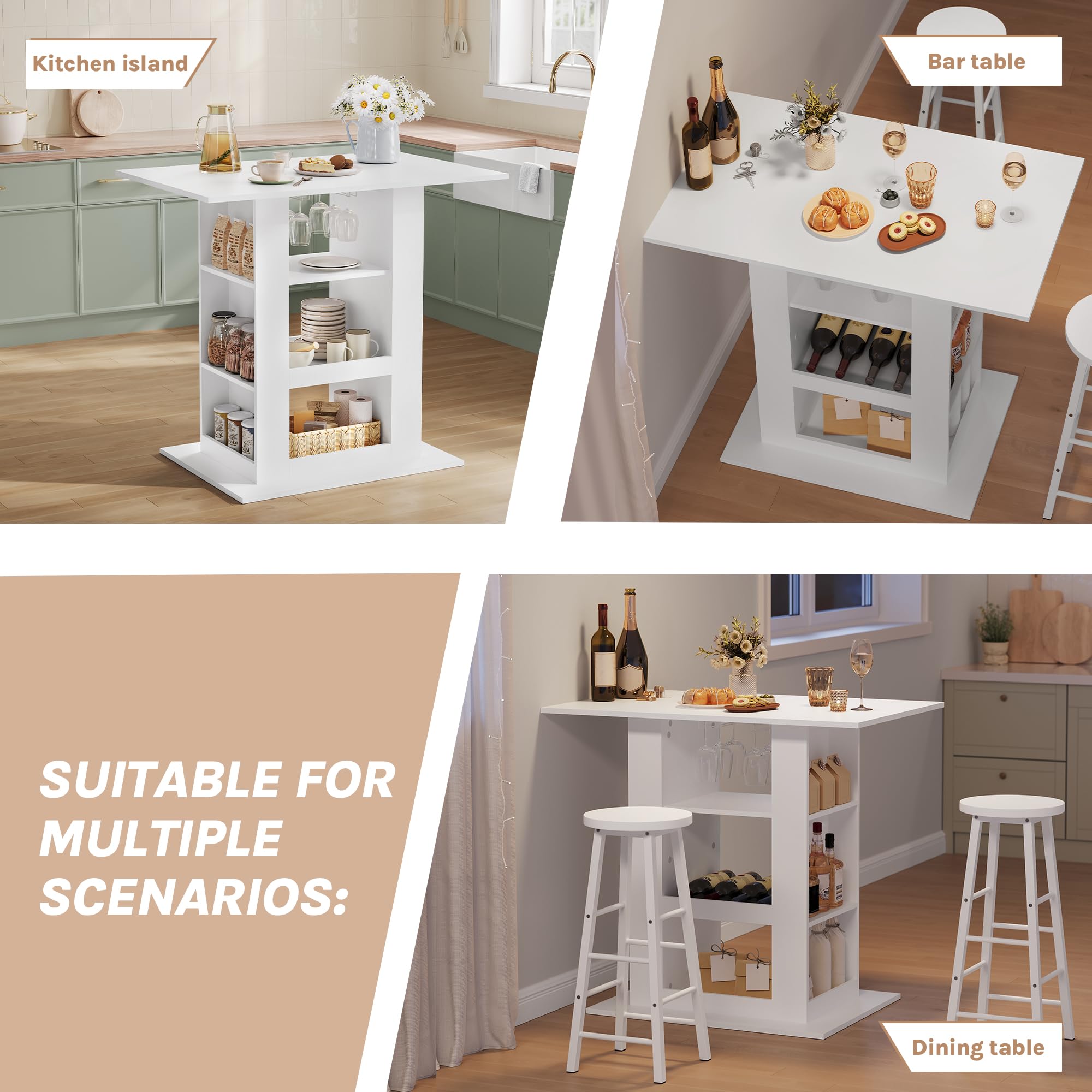 WOLTU Bartisch mit Stauraum, Stehtisch mit 2 Glashaltern, Esstisch für Bar Küche Wohnzimmer, Küchentheke aus Holz, Hochtisch 105x94x68 cm, weiß