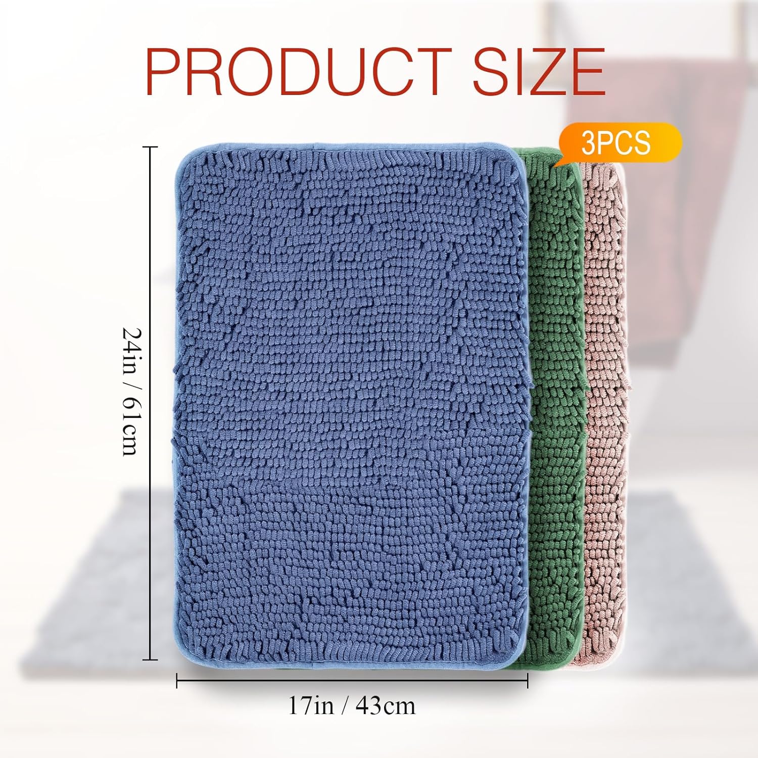 Tinideya 3 Pcs Bathroom Rugs Thick Soft Plush Absorbent Chenille, TPR Backing Bath Quick Dry Microfiber Mat Machine Washable Cozy Shower Rug for Non Slip Bathmat Accessories (Camel,Green,Blue)