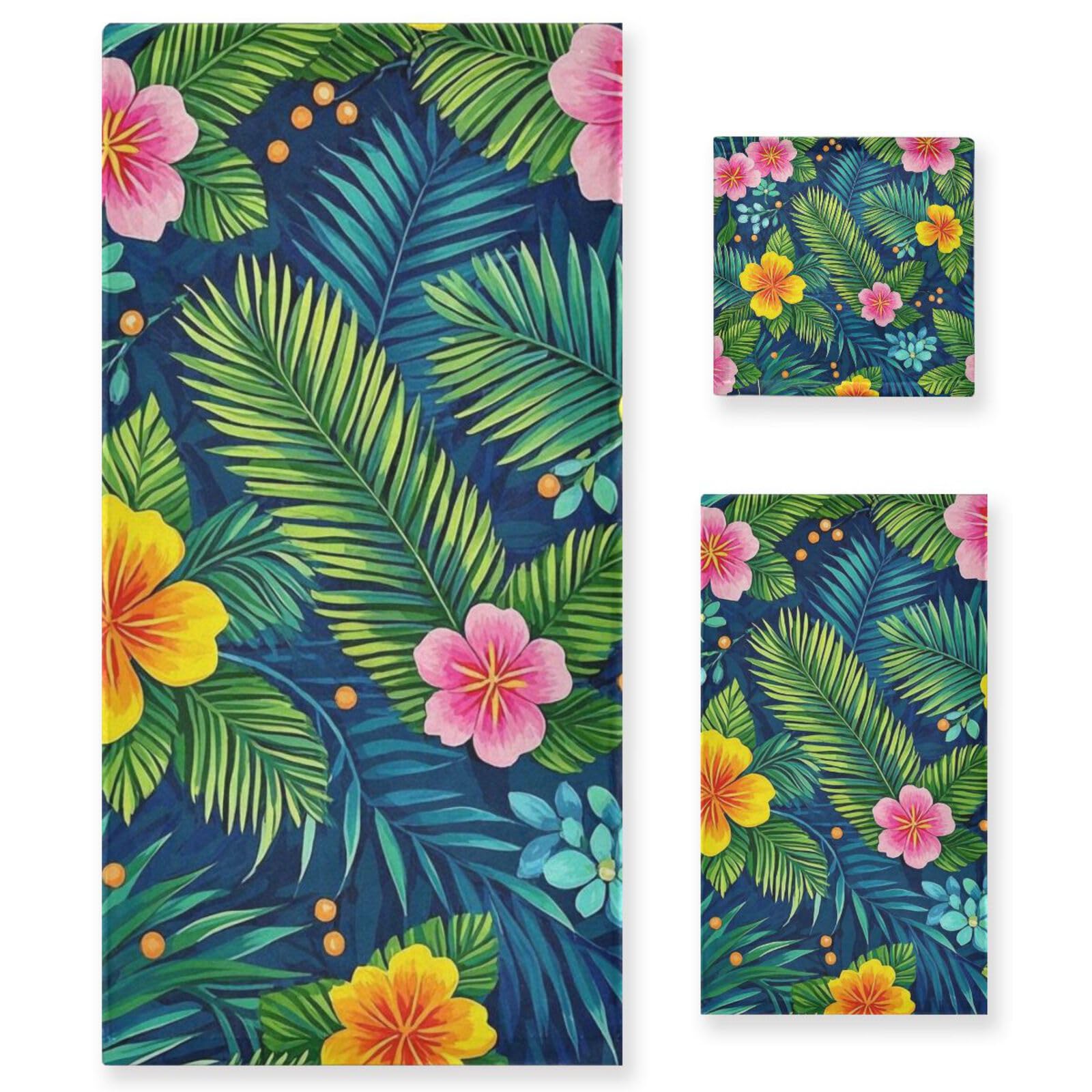 Set di 3 asciugamani decorativi colorati con foglie tropicali, 1 asciugamano da bagno, 1 asciugamano per le mani, 1 panno per la casa, cucina e famiglia
