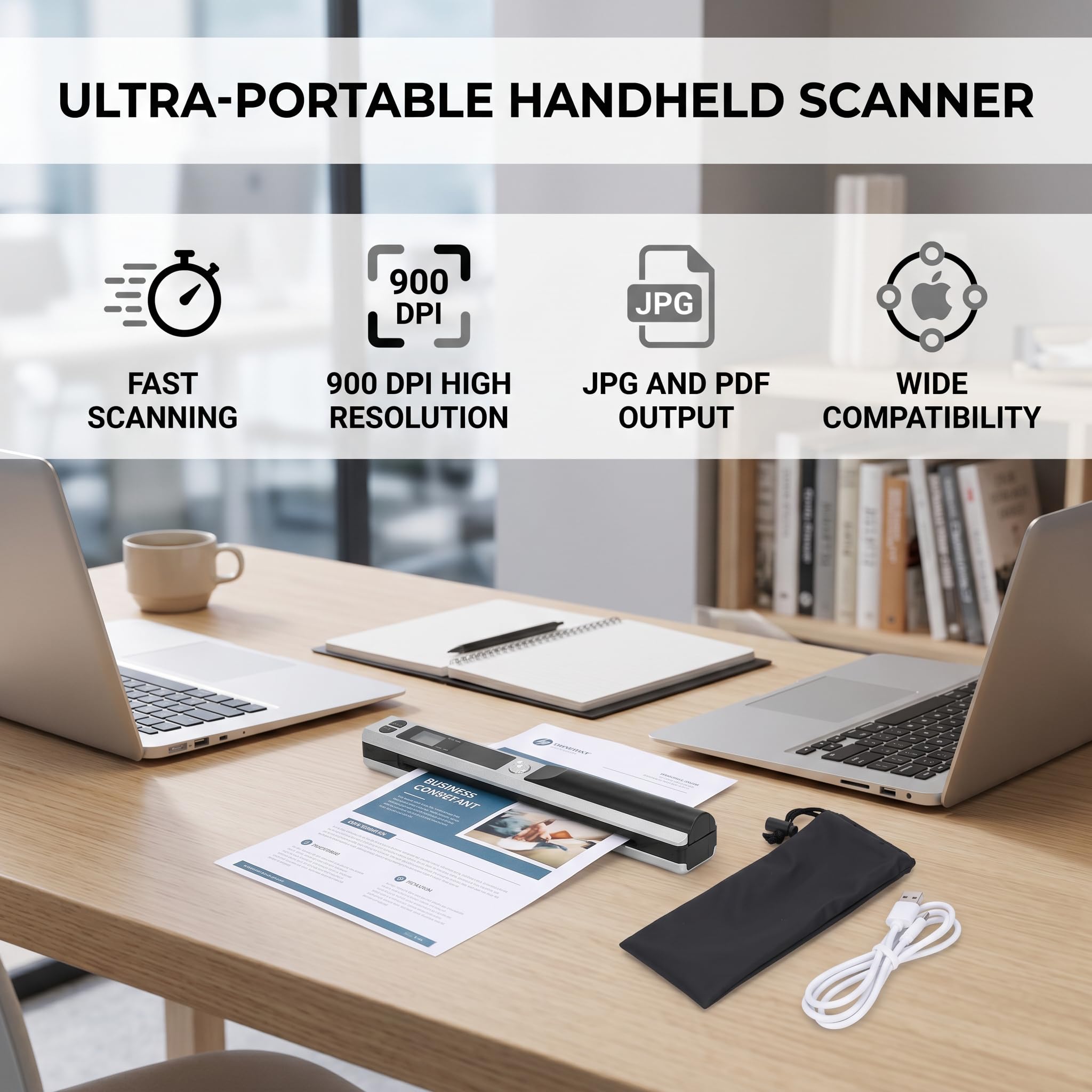 Fafeicy Tragbarer Handscanner 300DPI 600DPI 900DPI A4 USB 2.0 mit Micro SD für Dokumente Fotos Quittungen Bücher JPG PDF Silber Dokumentenscanner Handscanner