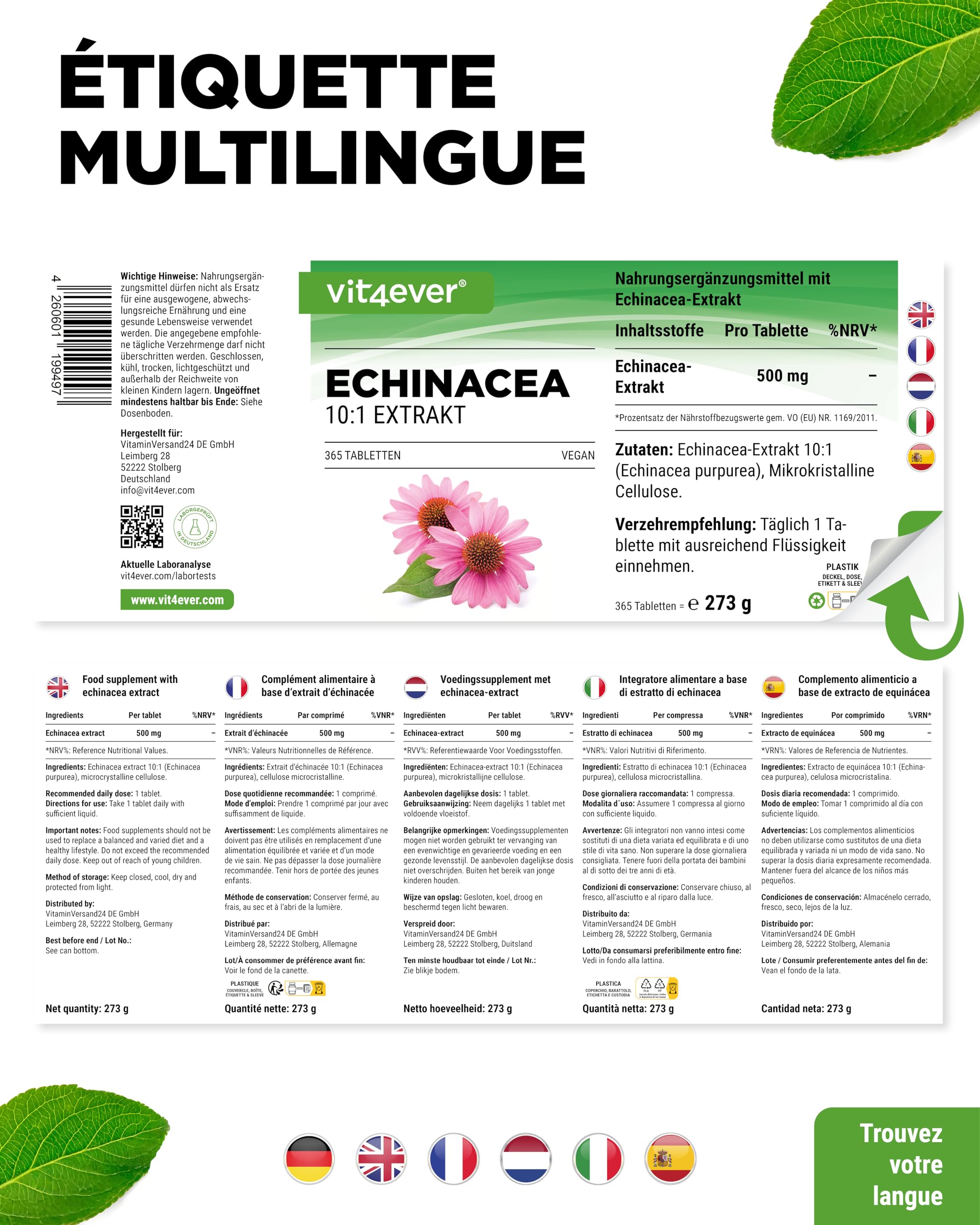 Échinacée 500 mg - 365 comprimés végétaliens - Extrait naturel d'échinacée 10:1 - Hautement dosé - Sans additifs indésirables - Végétalien
