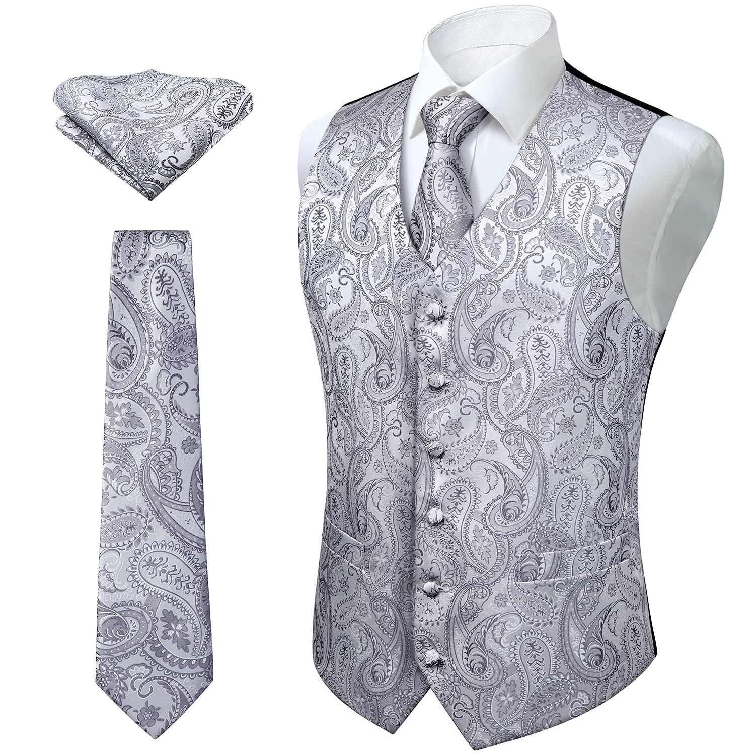 Enlision Men's Gray Paisley Floral Wedding Party Jacquard Waistcoat&Necktie And Pocket Square Vest Suit Set, 3XL(Chest Size 54 Inch)
