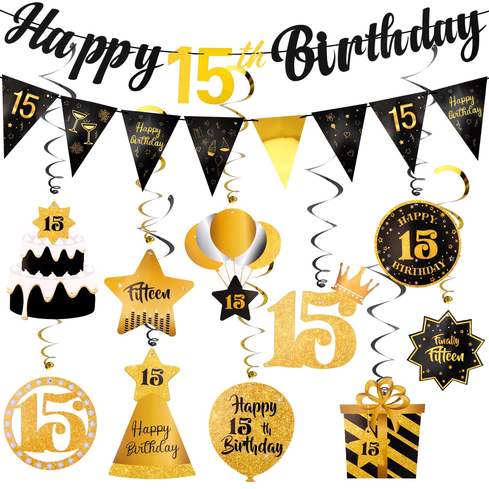 Hapdoo15th Birthday Decorations Boy Girl Set - Happy 15 Birthday Banner Triangle Flag Hanging Swirls Streamers Party Decorations Supplies, Black and Gold