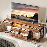 GYIIYUO LED TV Reste avec 6 Tiroirs de tissu et Power Outlet pour 55 60 65 TV de pouce, Centre de divertissement avec étagères de rangement ouvertes, Dresser TV Stand pour chambre / salle de séjour, Rustic Brown