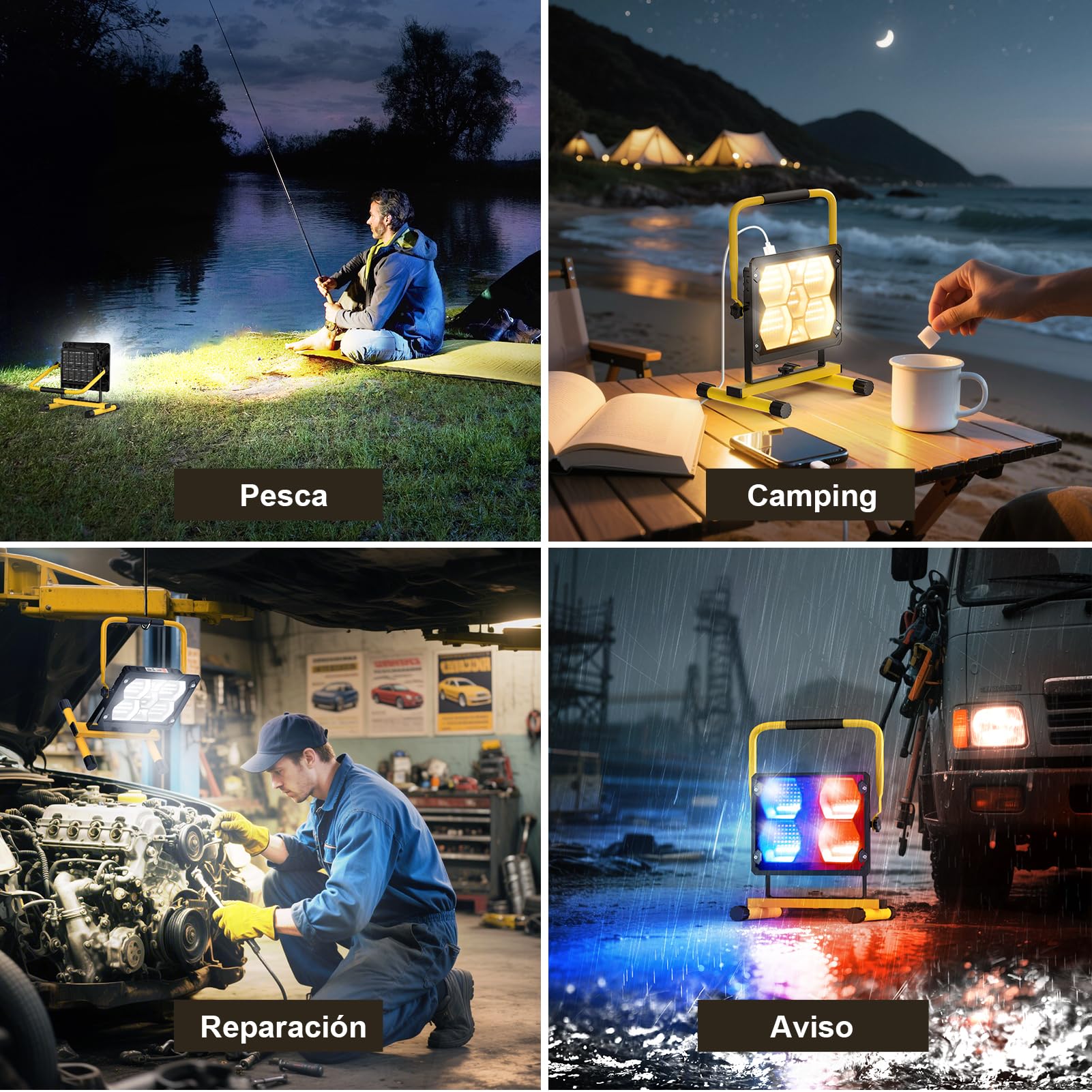 Sararoom Foco LED Recargable, 100W Luz de Trabajo Portátil 5 Modos, Banco de Energía, Focos para zonas de trabajo Solar, IP65 Impermeable Reflector Exterior para Camping Jardín Pesca Garaje Emergencia