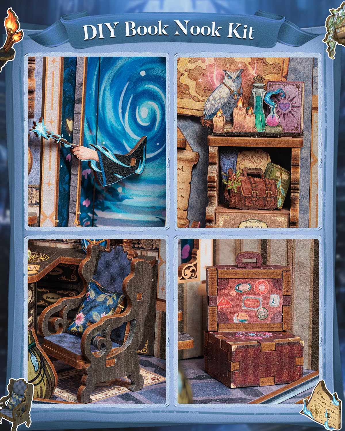 CUTEBEE Kit Book Nook – Fantasia Casa Prefabbricata Di legno DIY, Libreria in Miniatura 3D per Adulti, Regalo per Amanti dei Libri, Decorazione per la Casa e Kit Fai-da-Te (Soul Travel Agency)