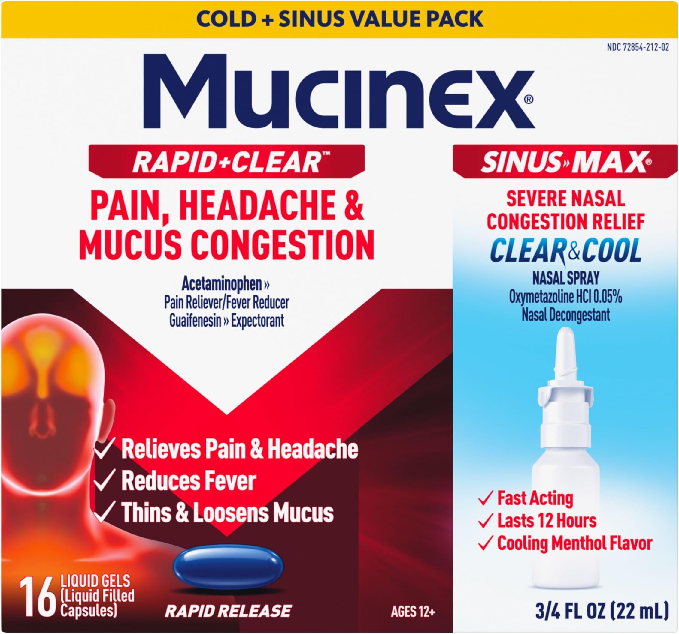 Rapid+Clear Pain, Headache, & Mucus Congestion (16 Liquid Gels) + Sinus Pressure Relief Nasal Spray (0.75 oz), Over-the-Counter Medication Combo Pack for Multi-Symptom Relief