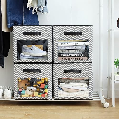 Miniatura 6 de Paquete de 4 cubos de almacenamiento con ventana transparente, cajas grandes con asas, organizador de armario de tela, 13 x 13 x 13 pulgadas,