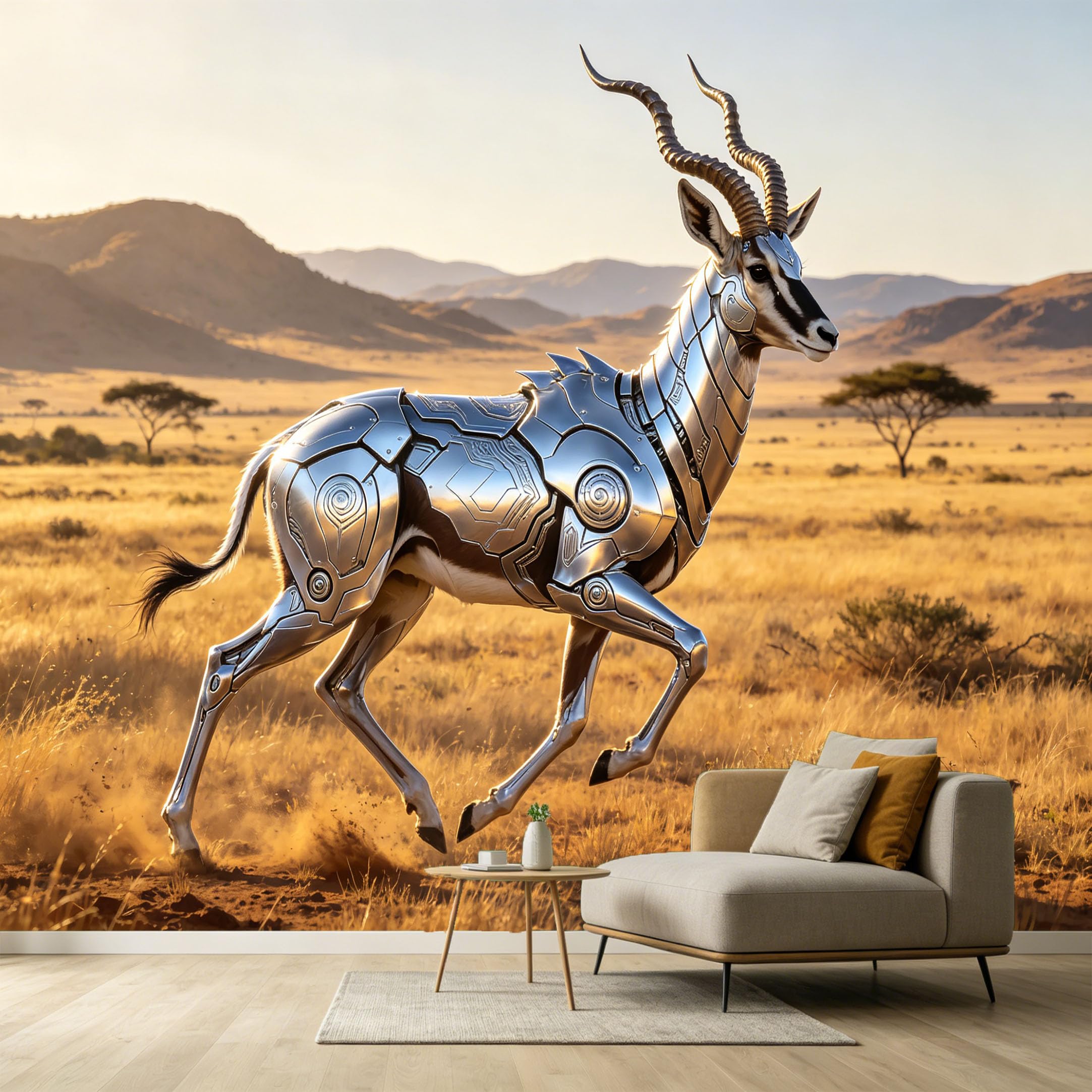 Custom Size Wall Murals Futuristic Mechanical Antelope Savannah Landscape Modern Industrial 3D Trompe L'Oeil SelfAdhesive Wall Fabric Removable Large Wallpaper for Living Room