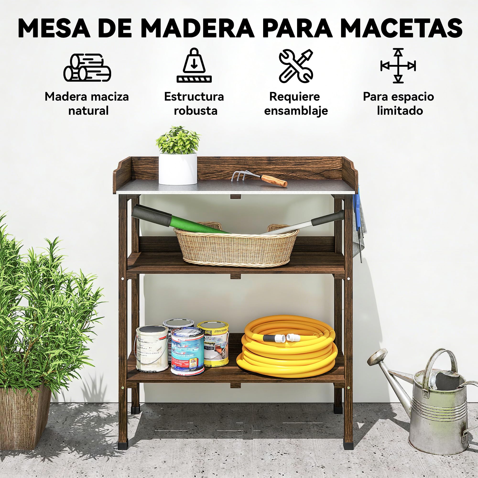 Outsunny Mesa de Plantación de Madera de 3 Niveles, Mesa de Jardinería con Placa Metálica, 2 Estantes y Ganchos, Resistente a la Intemperie, para Jardín, Terraza, Balcón, 76x37x89 cm, Carbonizado