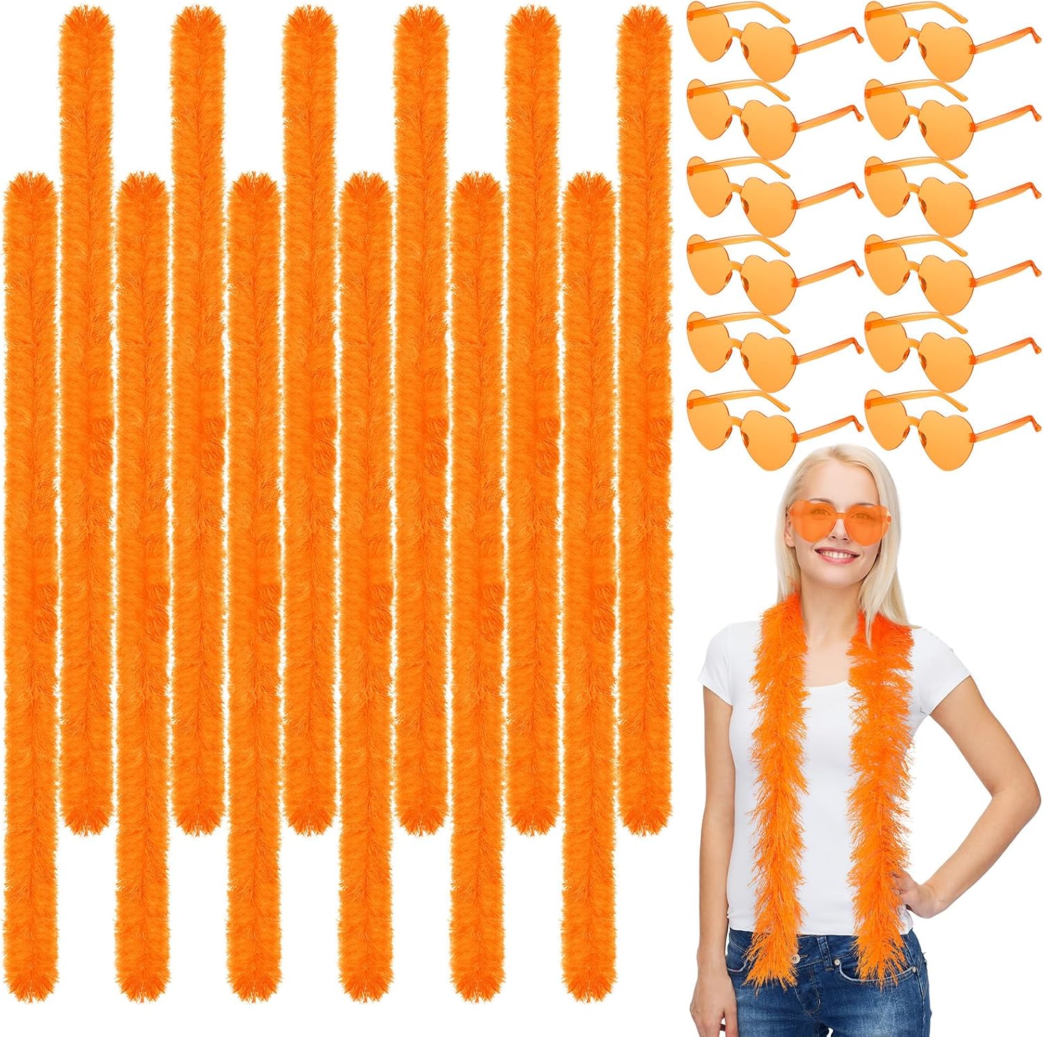 Panitay 5 Ft Feather Boas and Heart Sunglasses Set Artificial Fluffy Boas for Bachelorette Party Women Halloween