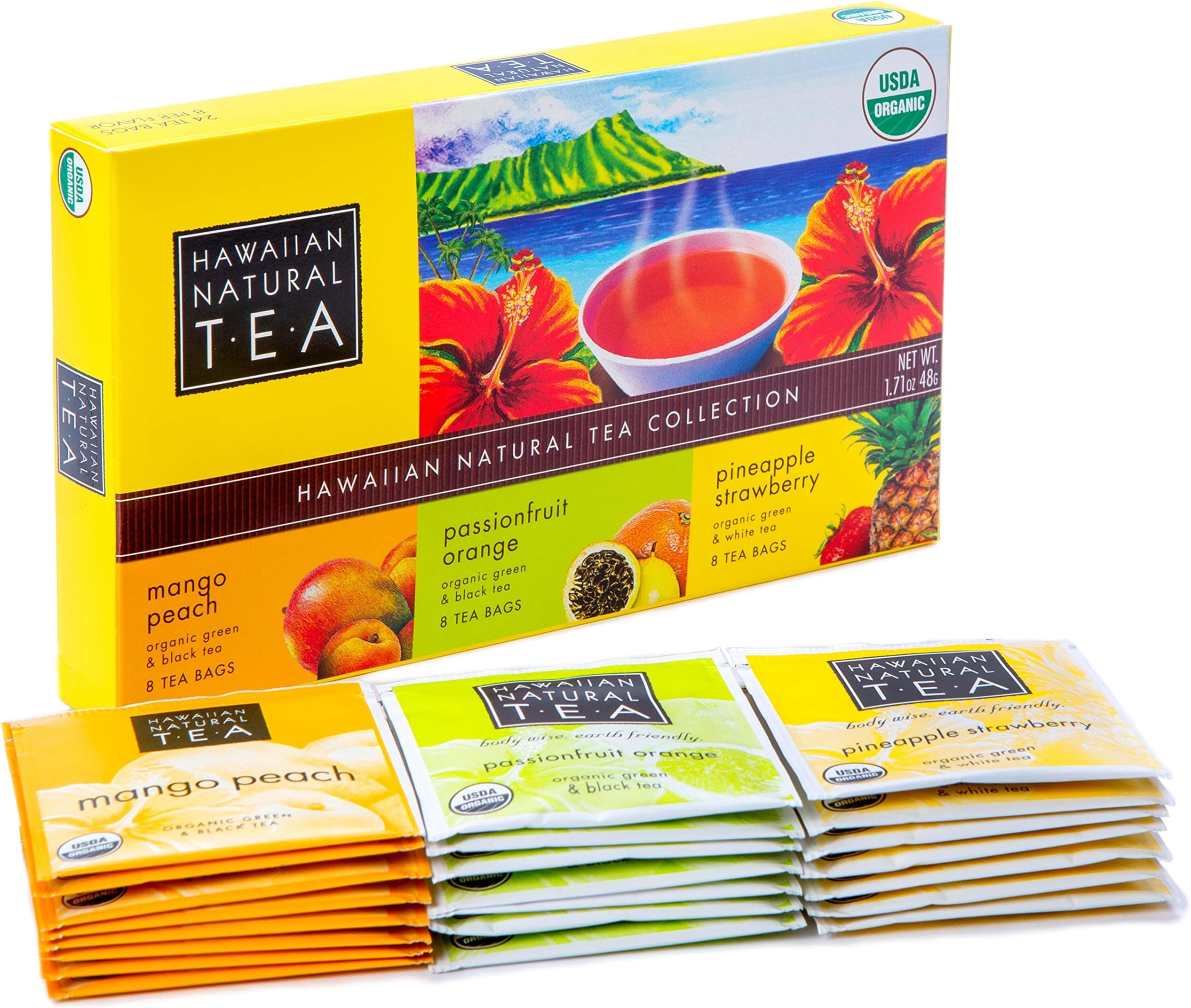 Hawaiian Natural Organic Tropical Fruit Tea Sampler - Green, Black, White Tropical Fruit Tea Blends, Gift Box Set For Special Occasions - 24 Bags
