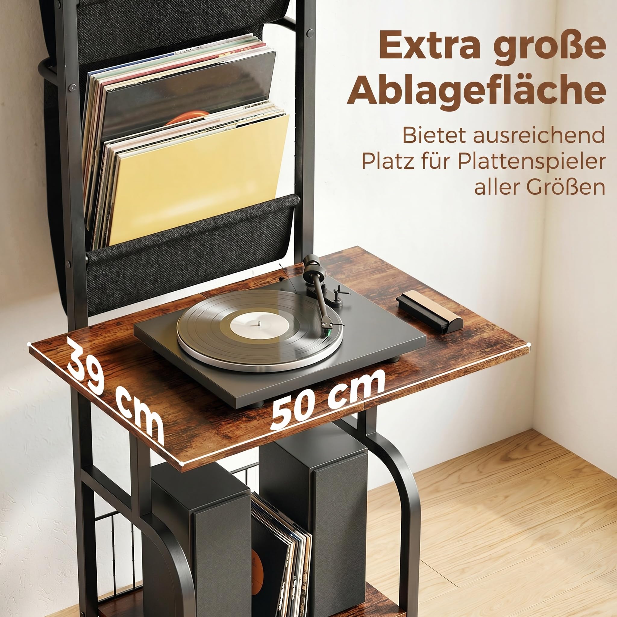 HOMCOM Plattenspieler Schallplatten Aufbewahrung mit 3 Stofftaschen Schallplattenspieler-Tisch mit offenem Fach Blurays Aufbewahrung für bis zu 40 Alben 50 x 48,5 x 144 cm Rustikal-Braun