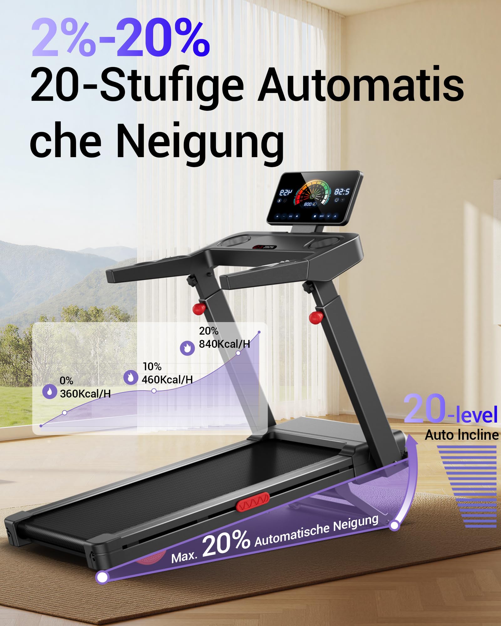 LONTEK Laufband für Zuhause mit 20% Automatischer Steigung, 14 KM/H | 14 KM/H Laufbänder mit 4-stufig verstellbarer Konsole, 3.5 HP Treadmill for Home mit LED-Anzeige, 180 KG