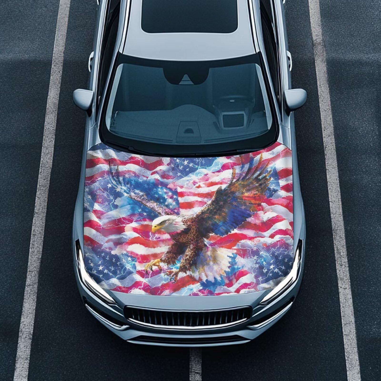 Colorful American Flag Eagle Car Hood Cover Stretch Polyester Car Hood Cover Removable Automotive Accessories Suitable Most Automotive Sedans Trucks Pickup Sports Cars