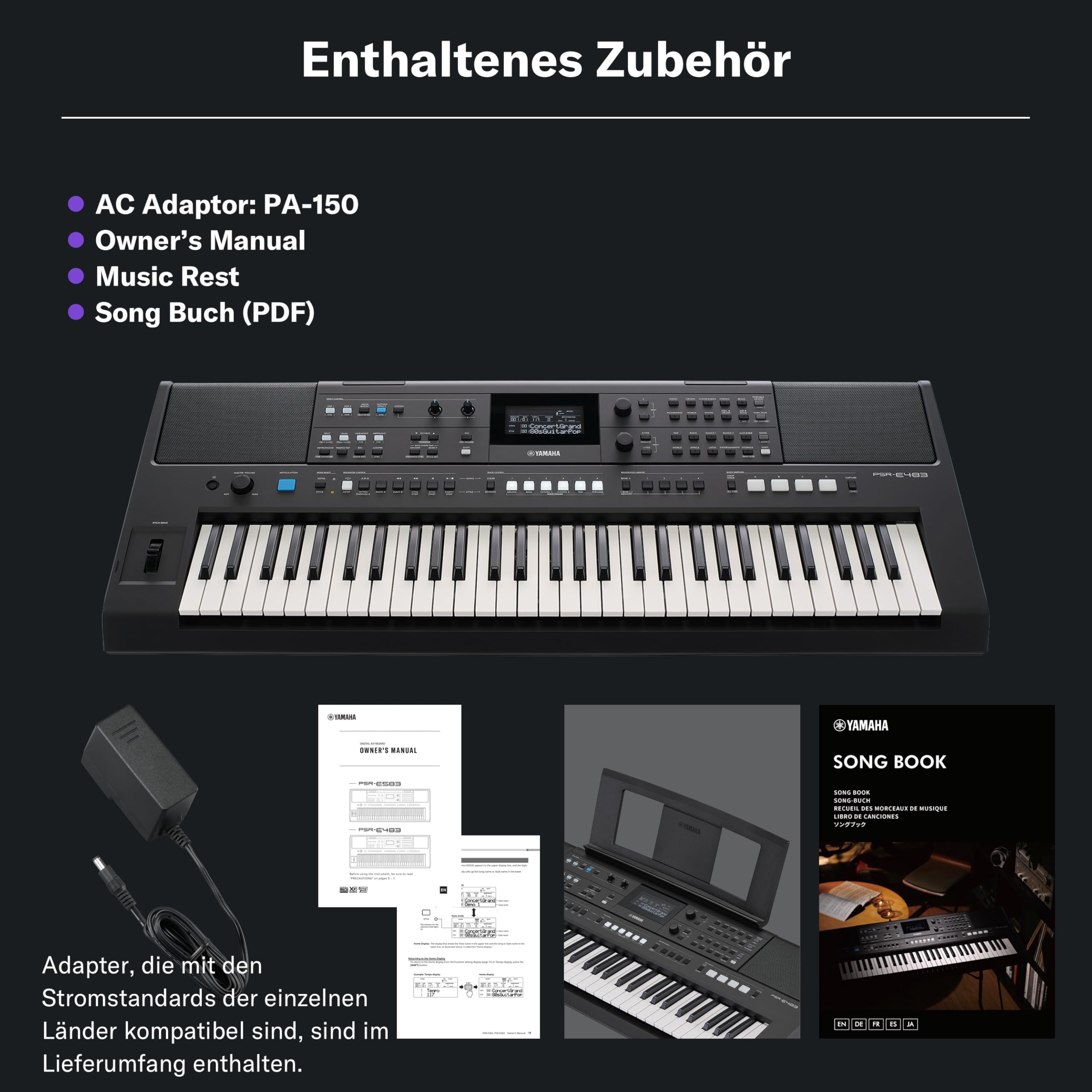 YAMAHA PSR-E483 Keyboard – Modernes Tragbares Keyboard mit 61 anschlagdynamischen Tasten, 860 Voices, 15 Super Articulation Lite Voices, 345 Styles, leistungsstarken Lautsprechern und USB-C – Schwarz