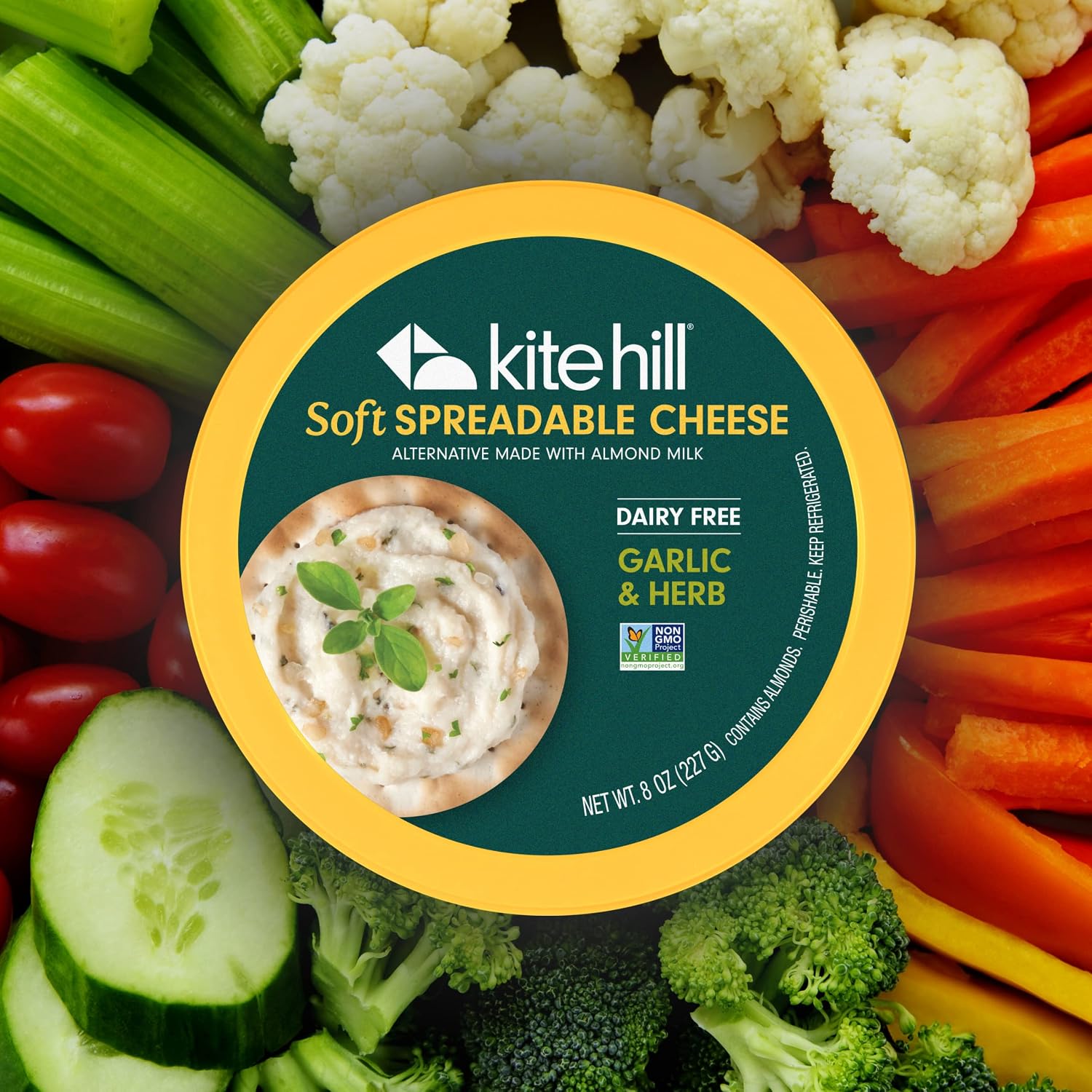 Kite Hill Garlic and Herb Almond Milk Soft Spreadable Cheese Alternative, 8 Ounces, Dairy Free, Gluten Free, Non-GMO, Vegan