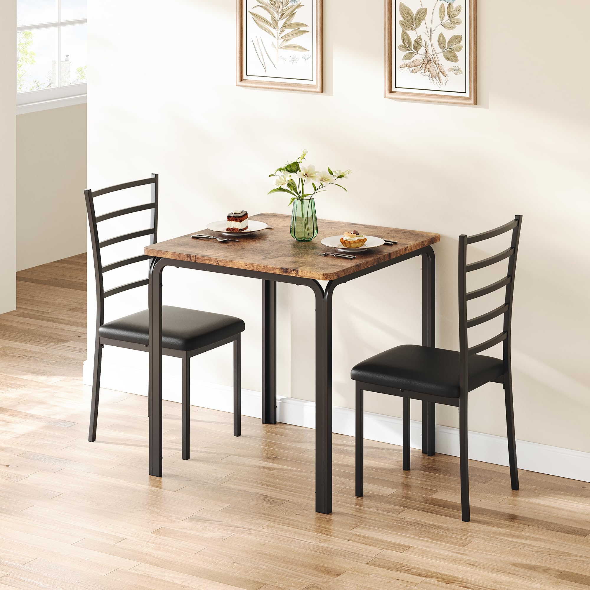 AffinityFurn Dining Table and Chairs Set 2, Small Square Breakfast Table with 2 Chairs, Wood Top & Metal Legs, Space-Saving Kitchen Furniture for Apartments, Studios, Dining Room