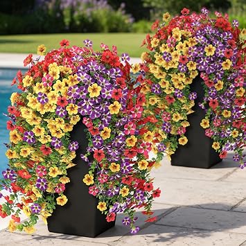 4 Bundles 29.5" Artificial Hanging Silk Flowers for Front DoorMixed Color | Realistic Fake Morning Glory Flowers with Faux Eucalyptus, for Eave Porch Yard Garden Patio Balcony Home Outdoor Decoration
