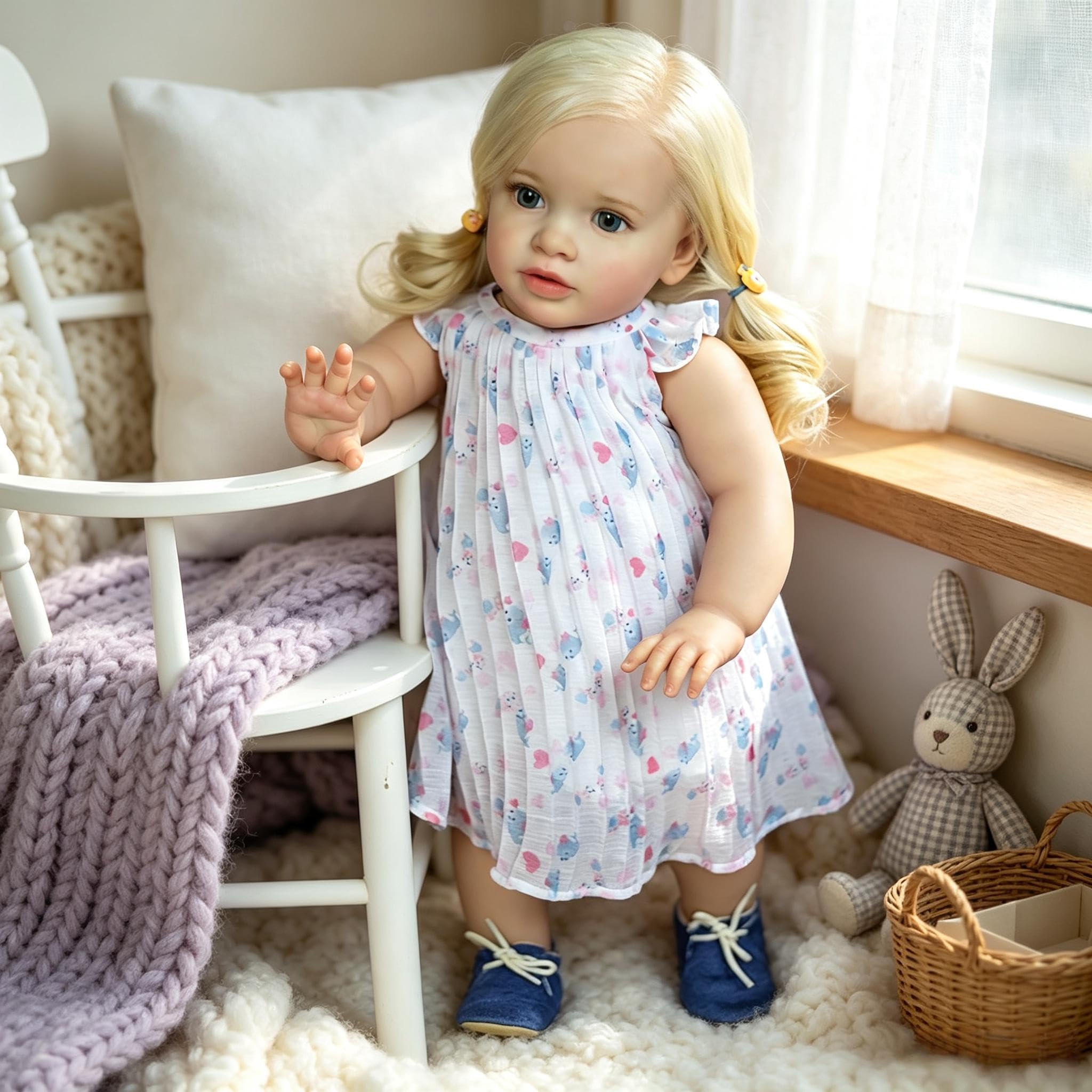 RXDOLL Realistyczne lalki Reborn Baby Dolls Girl Open Eyes 66 cm duży rozmiar Reborn maluch lalki miękka winylowa tkanina ciało prawdziwe życie lalka bobas blond włosy realistyczne maluch lalka Pippa