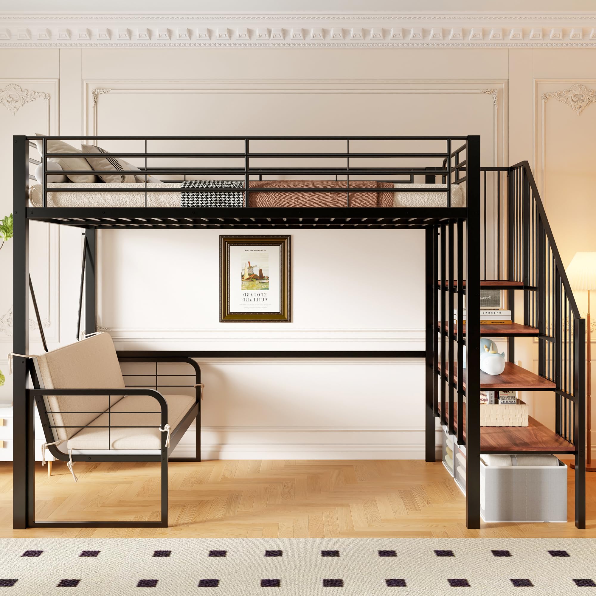 Cama altillo 140x200, litera doble de hierro con sofá cama extraíble, espacio de almacenamiento y escalera de seguridad, cama entrepiso de 2 plazas para familias numerosas