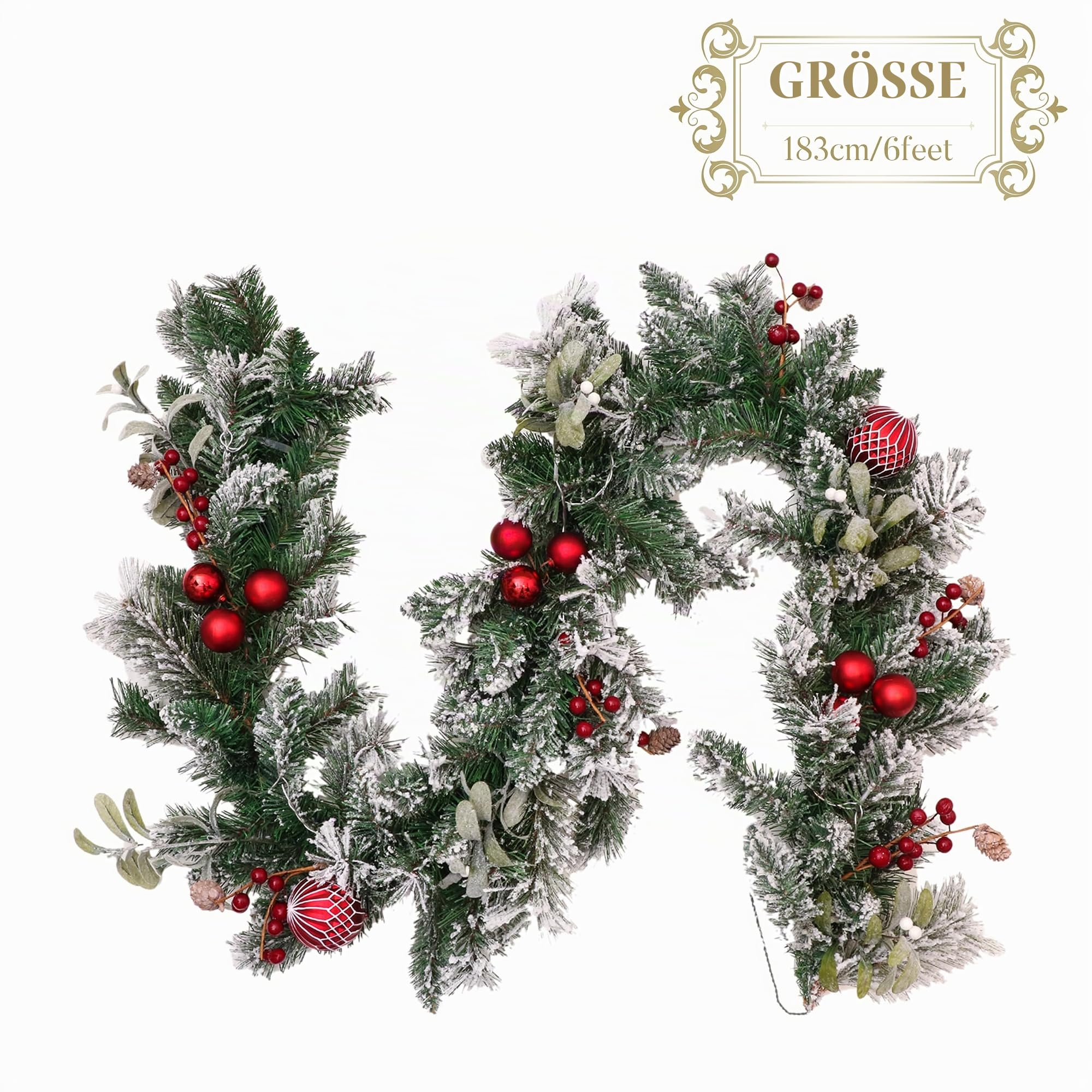 Valery Madelyn Weihnachtsgirlande 183cm mit 20 LED Beleuchtet batteriebetrieben Tannengirlande aus PVC mit Timerfunktion Weihnahctskugeln Girlande für Weihnachtsdeko Grün Rot