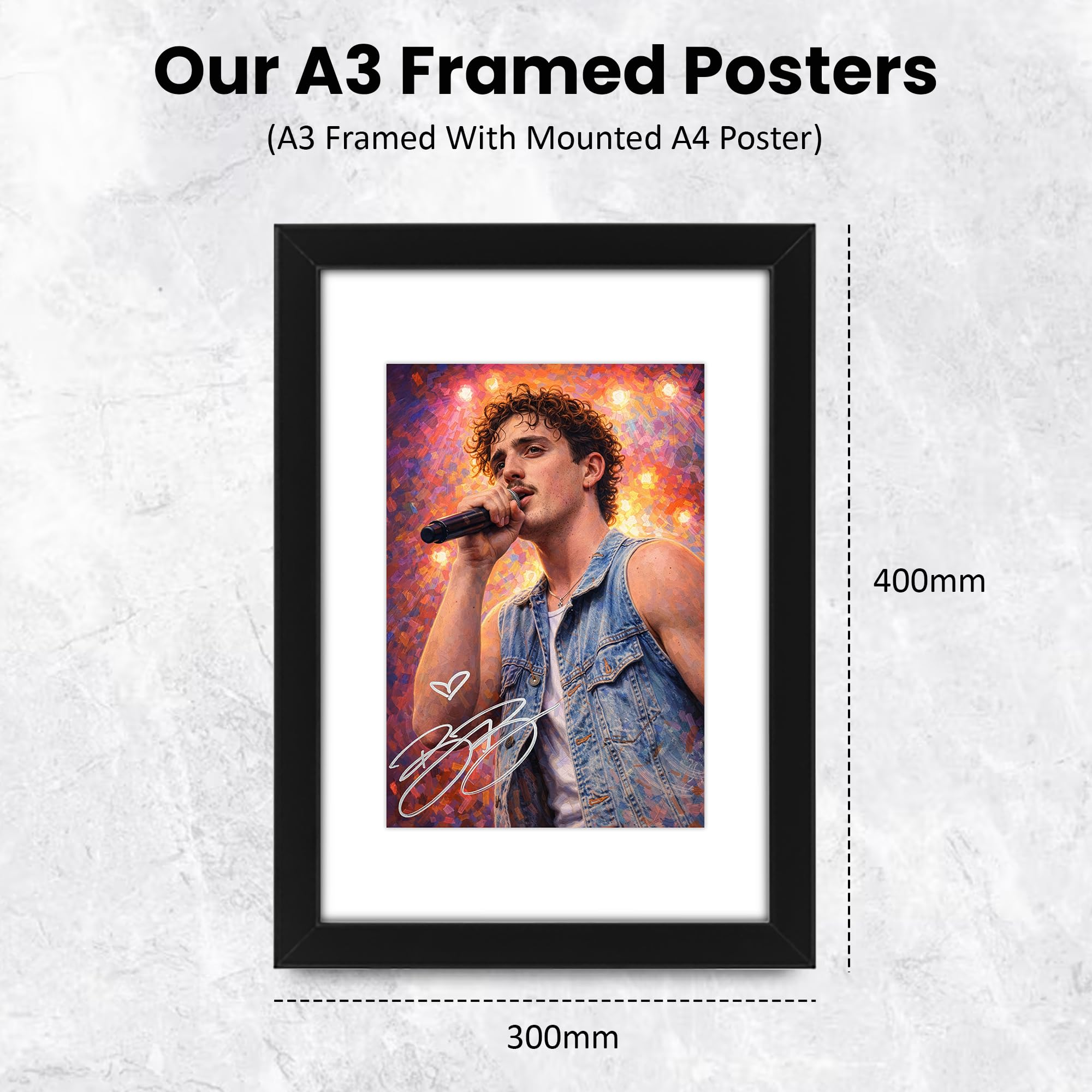 Benson Boone Art Signierter Posterdruck, limitierte Auflage, Autogramm, Fangeschenk, Sammlerstück, Wandkunst, Merchandise – American Heart World Tour 2026 Tribute (A3, gerahmt mit Passepartout)